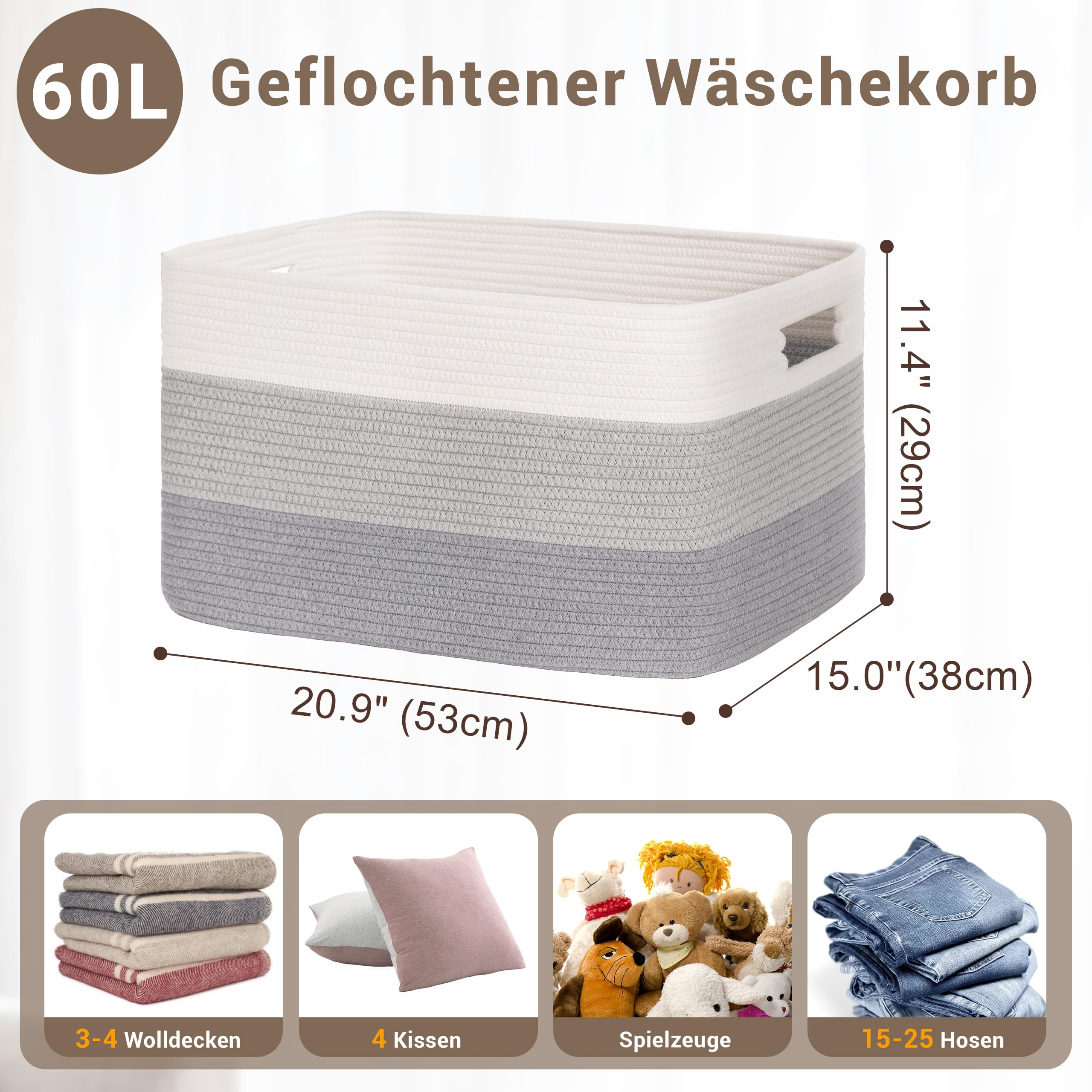 Gran organizador 60L en cuerda de algodón, cesto para juguetes, mantas, ropa, trenzado con asas, recogedor de ropa de tela para decoración de habitación infantil o salón, degradado gris