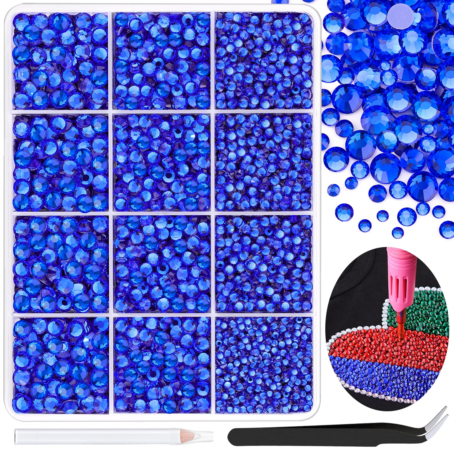 6800Pcs Hotfix Rhinestones for Clothing, Sapphire 2-5mm Mixed Sizes Iron On Flatback Glass Gems, Bedazzling Crystals Rhinestones for Crafting Hats
