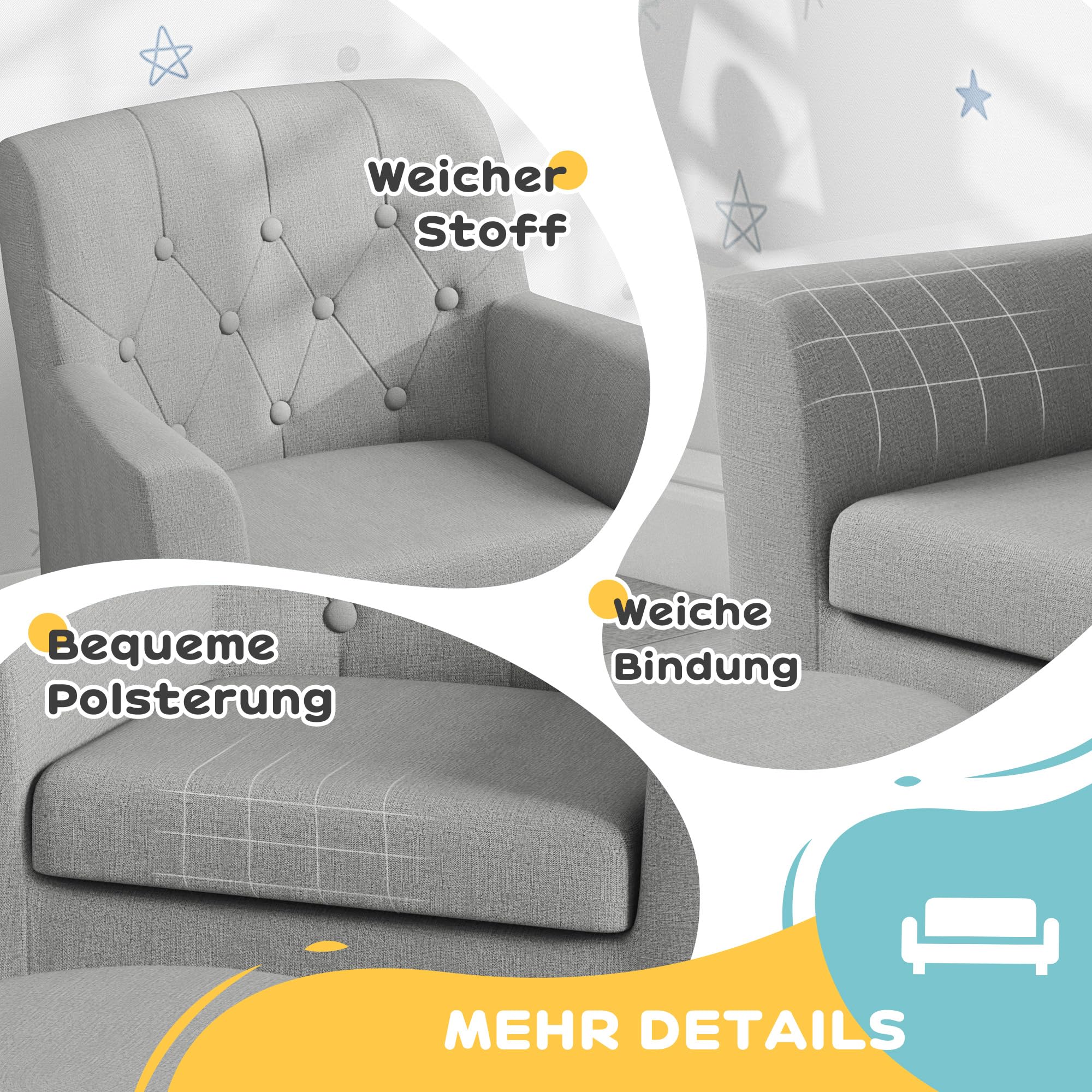 AIYAPLAY Kindersessel Kindersofa mit Fußhocker Kindercouch 1,5-3 Jahre Kindermöbel Kinderzimmer Leinentoptik Eukalyptusholz Grau 45 x 43 x 50,5 cm