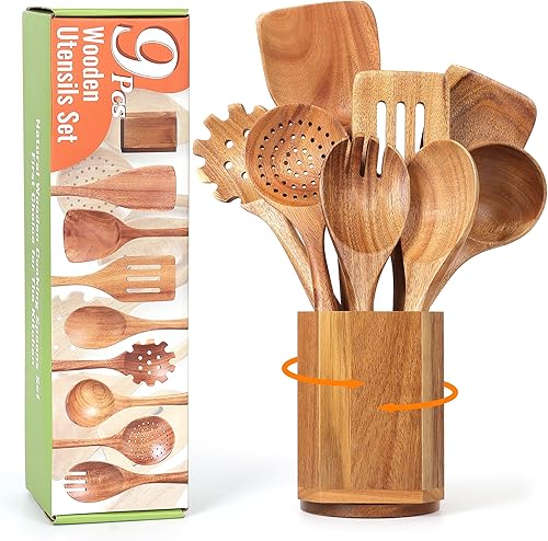 Juego de cucharas de cocina con soporte KINGSOW 9 cucharas de madera para utensilios de cocina antiadherentes