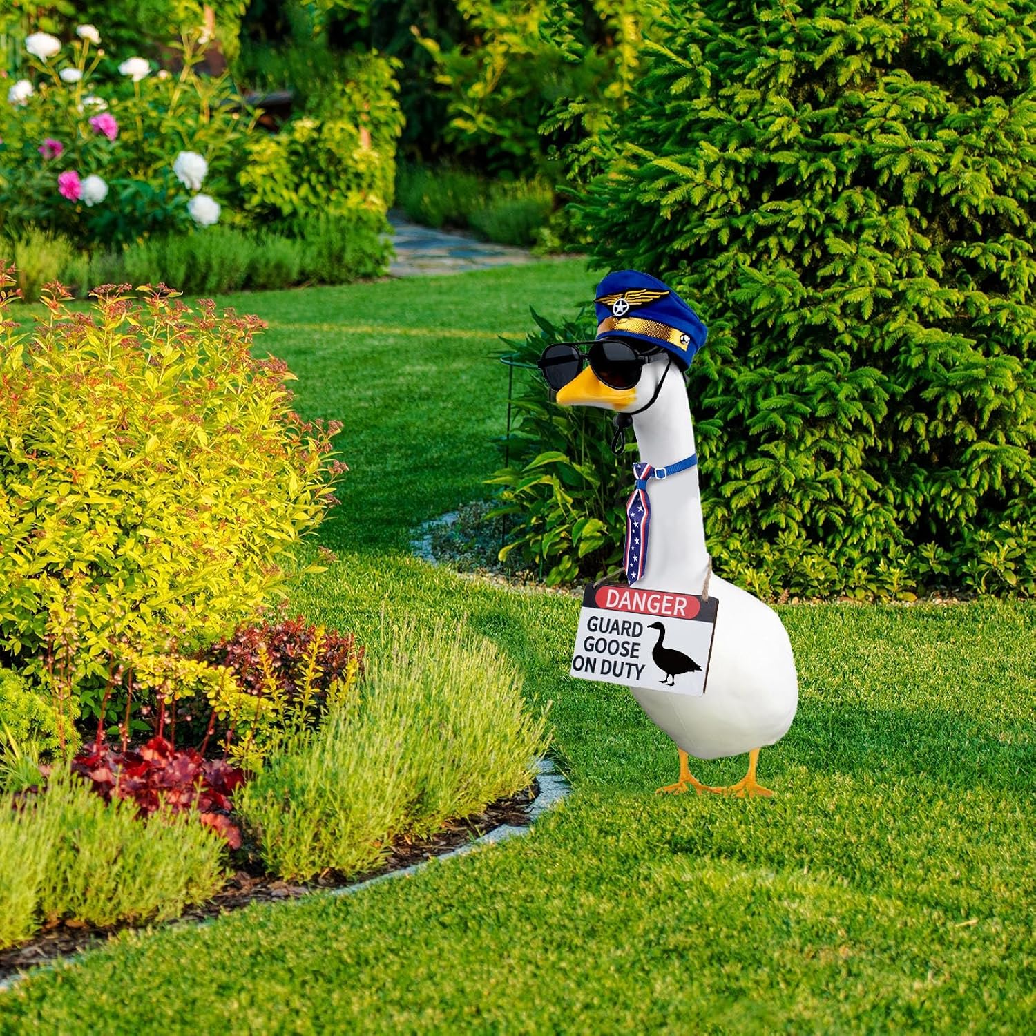 CAMDUCK 4 Pcs Porch Goose Accessories Porch Goose Sign Air Force Hat Eyeglasses Necktie Wooden Danger Guard Goose on Duty Warning Sign Goose Outfits Decor for Yard Porch Lawn image 5