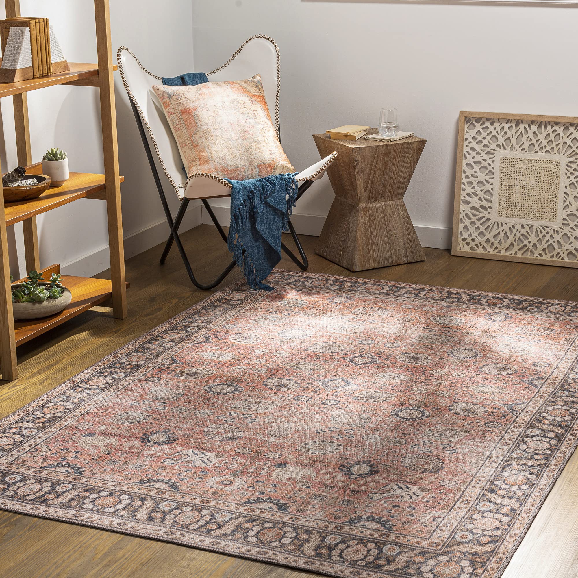 Livabliss Peyton Terjit Washable Carpet 200x275 cm, Living Room, Kitchen & Hallway, Vintage Boho Style, Easy Care, Rust Brown Charcoal
