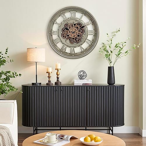 Miniatura 5 de CLXEAST Reloj de pared de 24 pulgadas con engranajes móviles, relojes de pared grandes de gran tamaño con números romanos para decoración de sala de