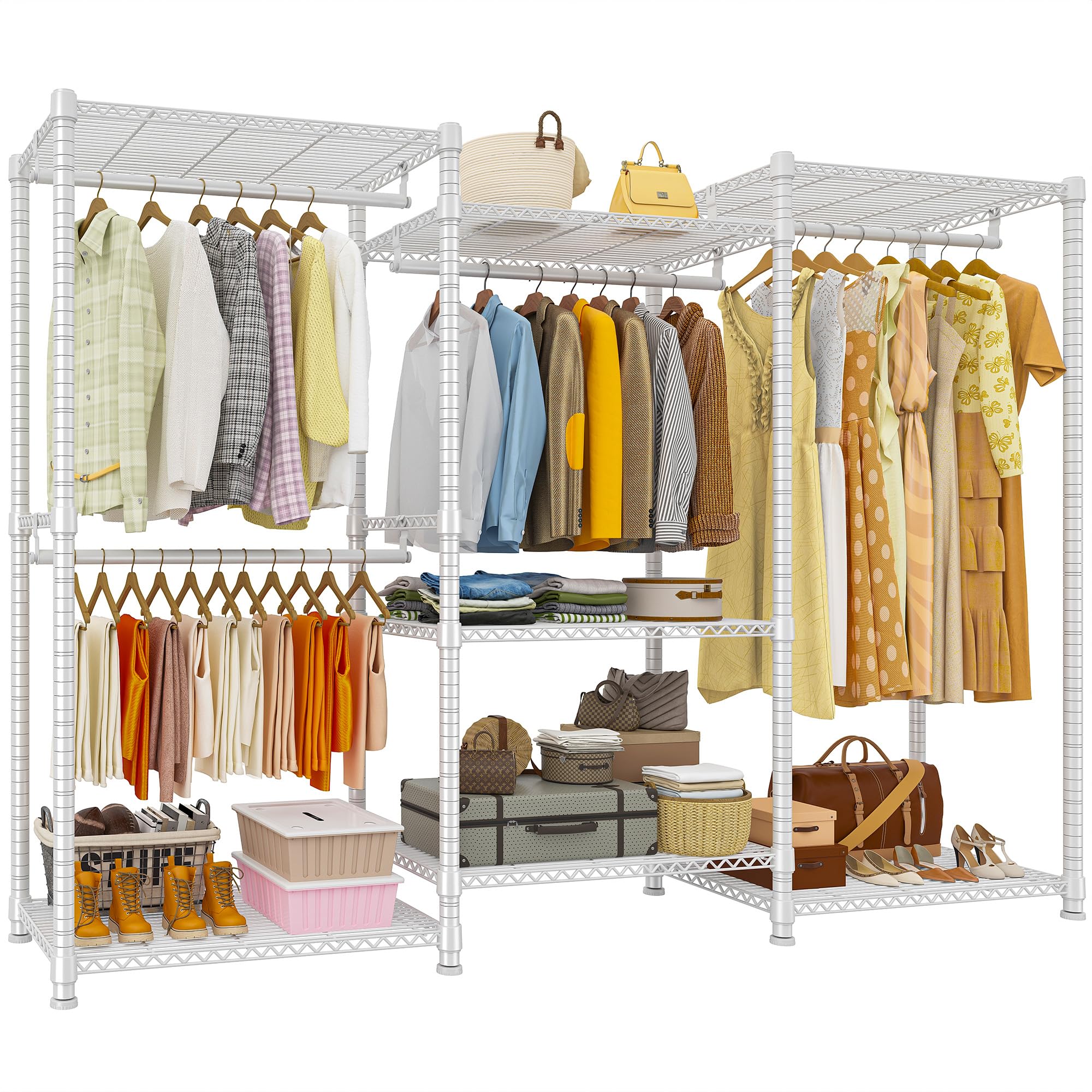 Raybee Heavy Duty Clothes Rack Load 900Lbs, Clothing Rack for Hanging Clothes for Bedroom 77" H x 69'' W x 16'' D,White