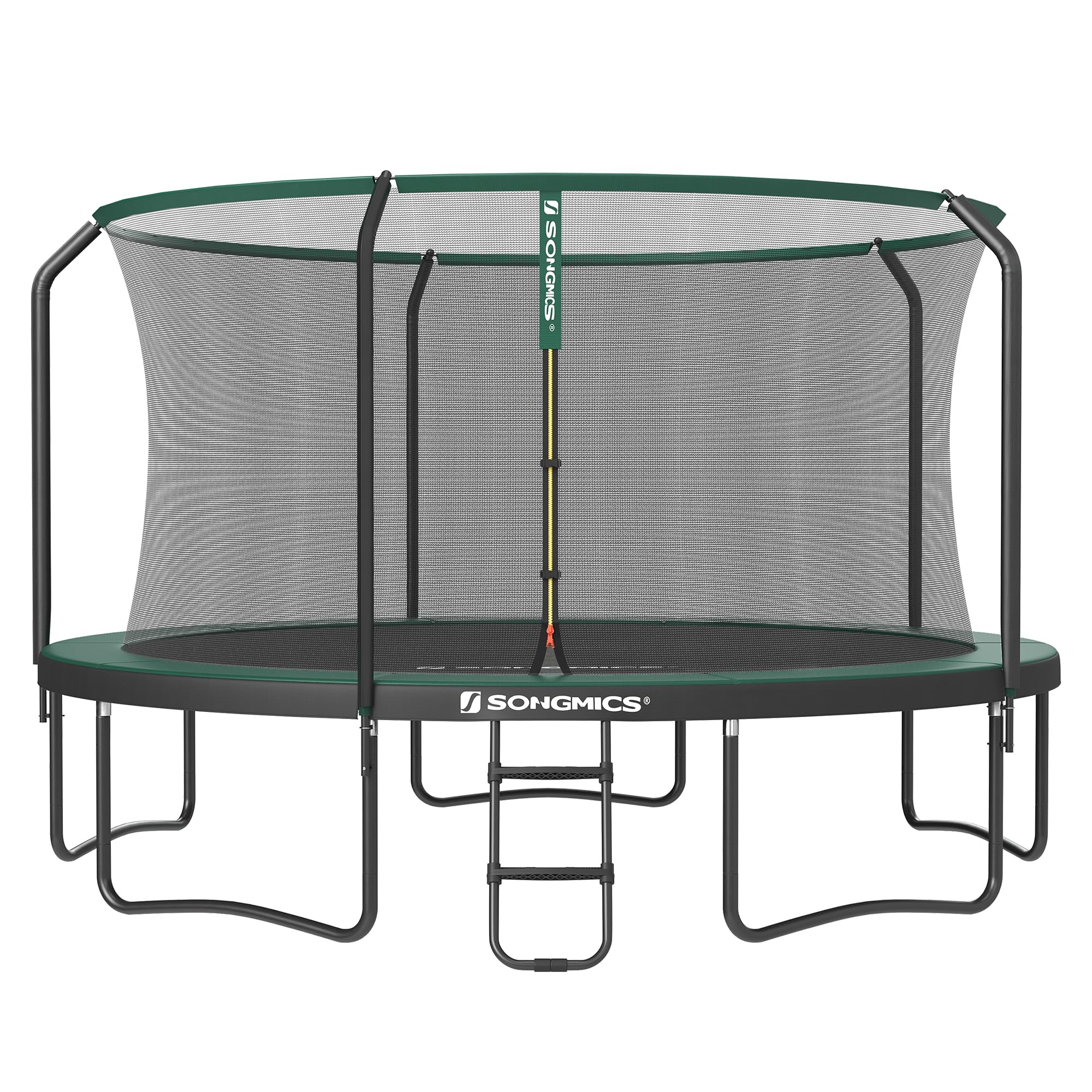 SONGMICS Trampoline pour Enfant, Diamètre 427 cm, Filet de Protection, Poteau de 180 cm de Haut, Coussin de Sécurité, Échelle, Cadre en Acier, Noir et Vert Foncé STR143C01