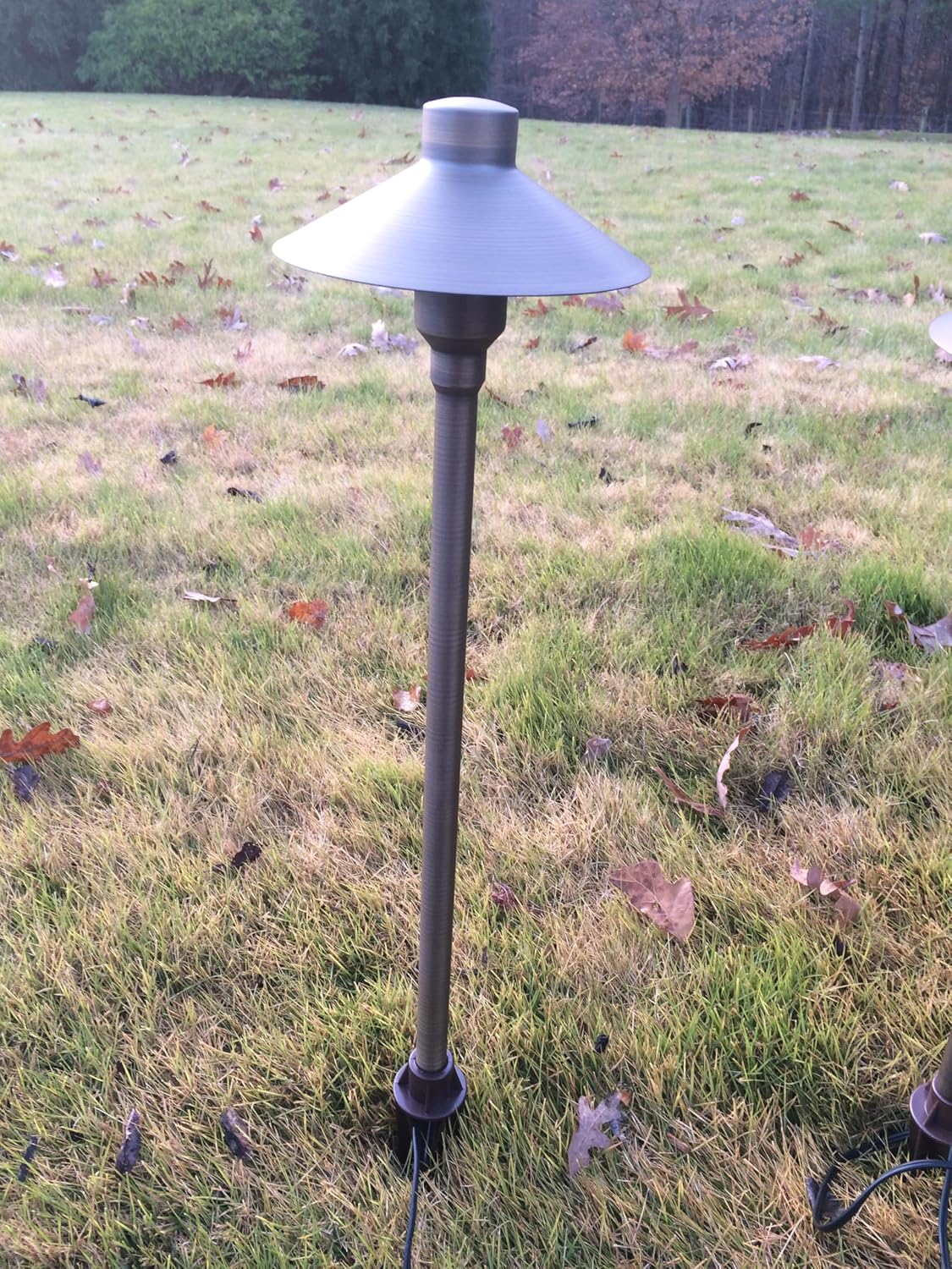 GLE Brass Outdoor Pathlight, 12 Volt LED Landscape Path Lighting with 6.5" Shade and 18" Stem, Ground Spike and Free 4 Watt G4 LED Bulb