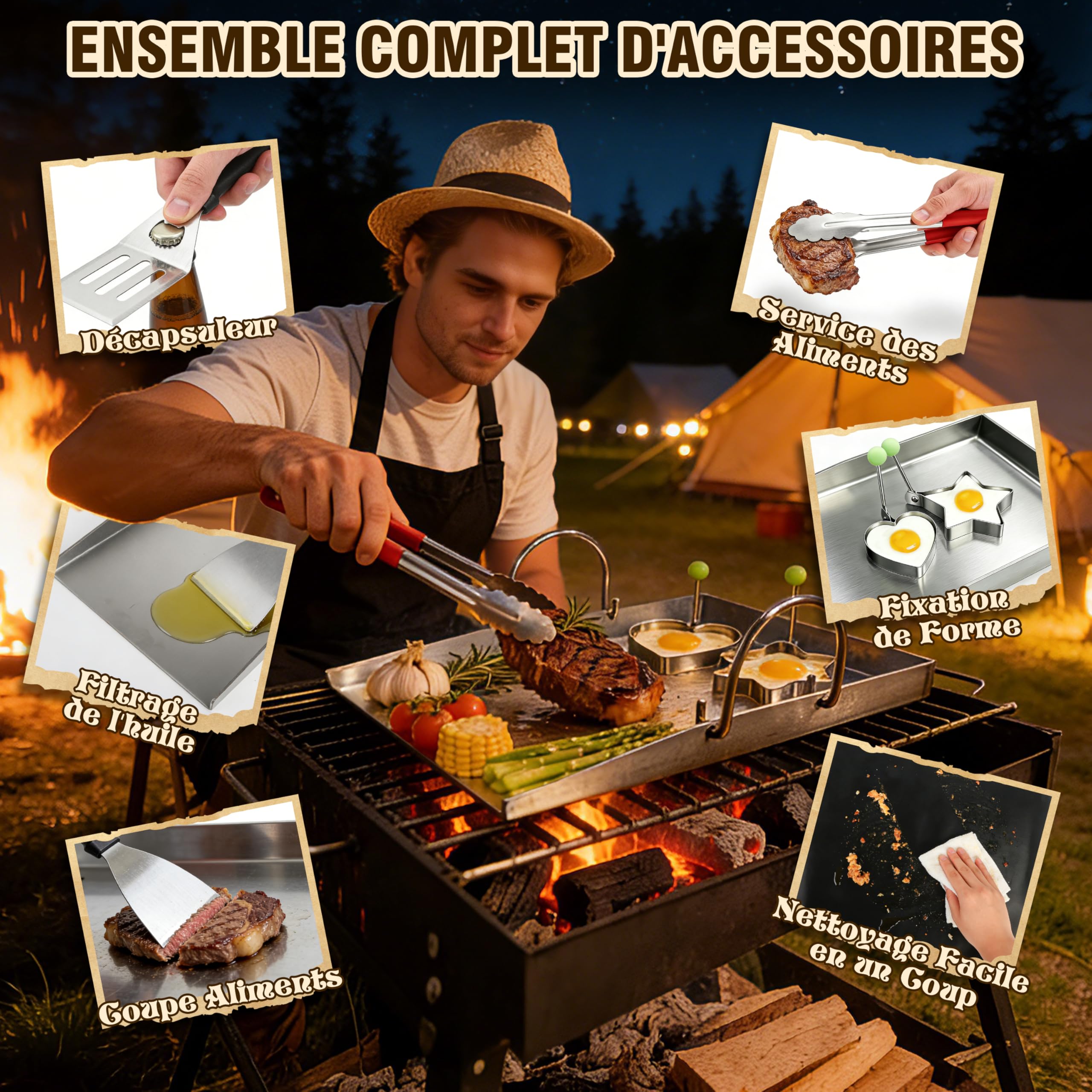 JONRRYIN Plancha Plaque de cuisson 40 x 30 cm, Acier Inoxydable épais avec 2 Spatules, Poignée Amovible pour Barbecue Gaz et Charbon