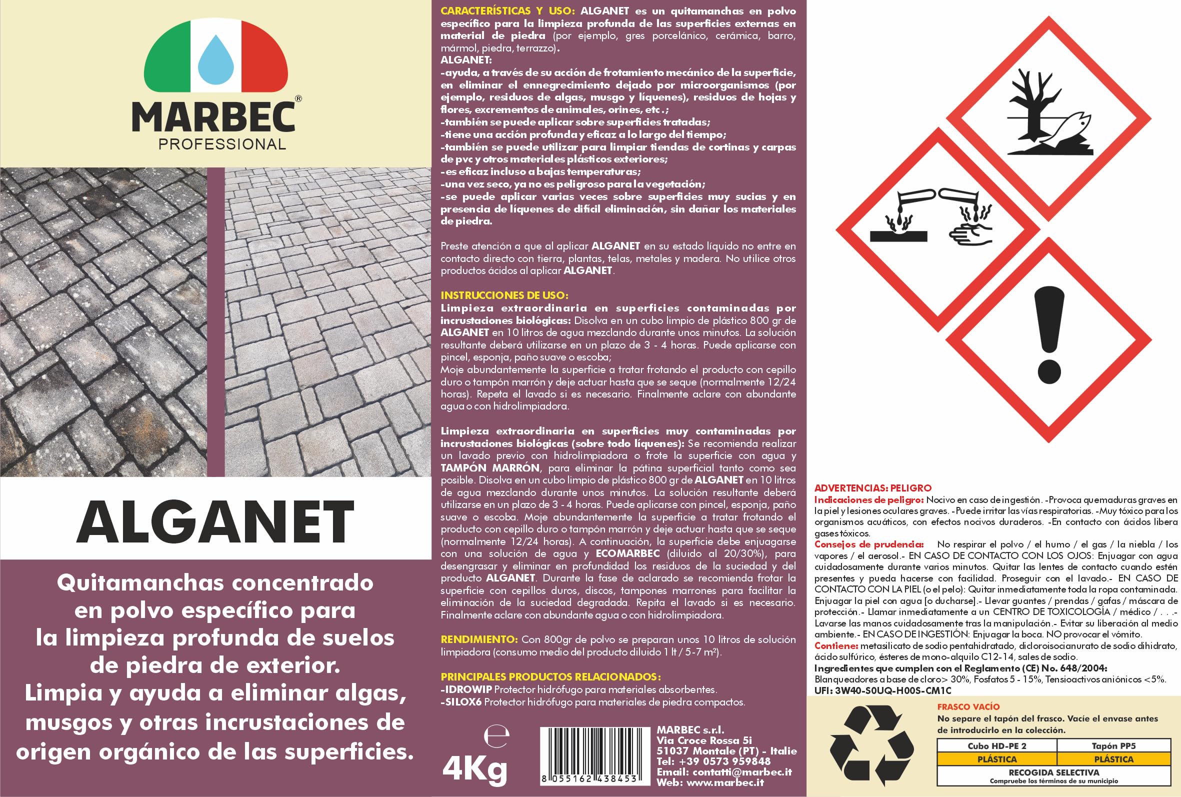 MARBEC ALGANET 4KG Detergente para la eliminación de algas, mohos, líquenes e incrustaciones biológicas en suelos y paredes