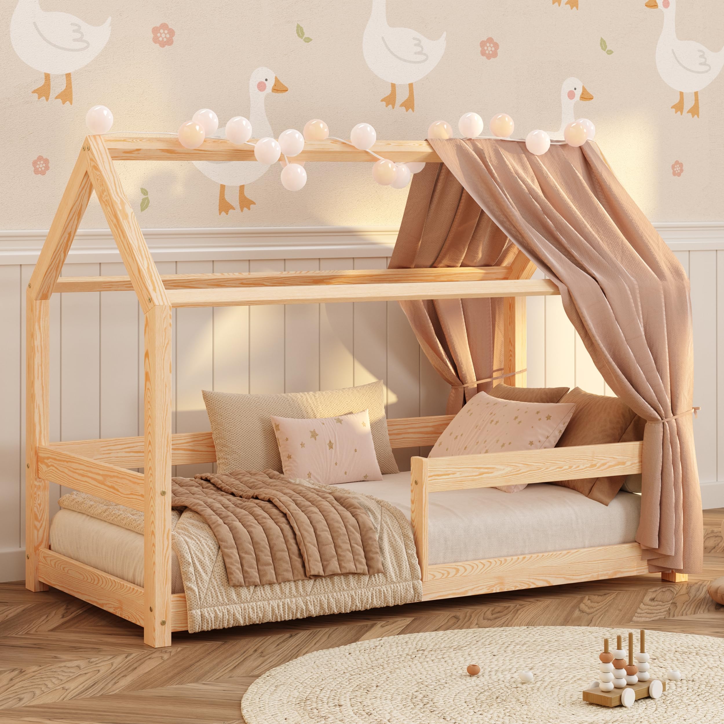 smartwood Cama Casita 90x190 cm de Madera Maciza - Cama Montessori con Barandilla y Somier hasta 230 kg - Diseño Escandinavo - para Niños y Niñas - Montaje Fácil - Milo