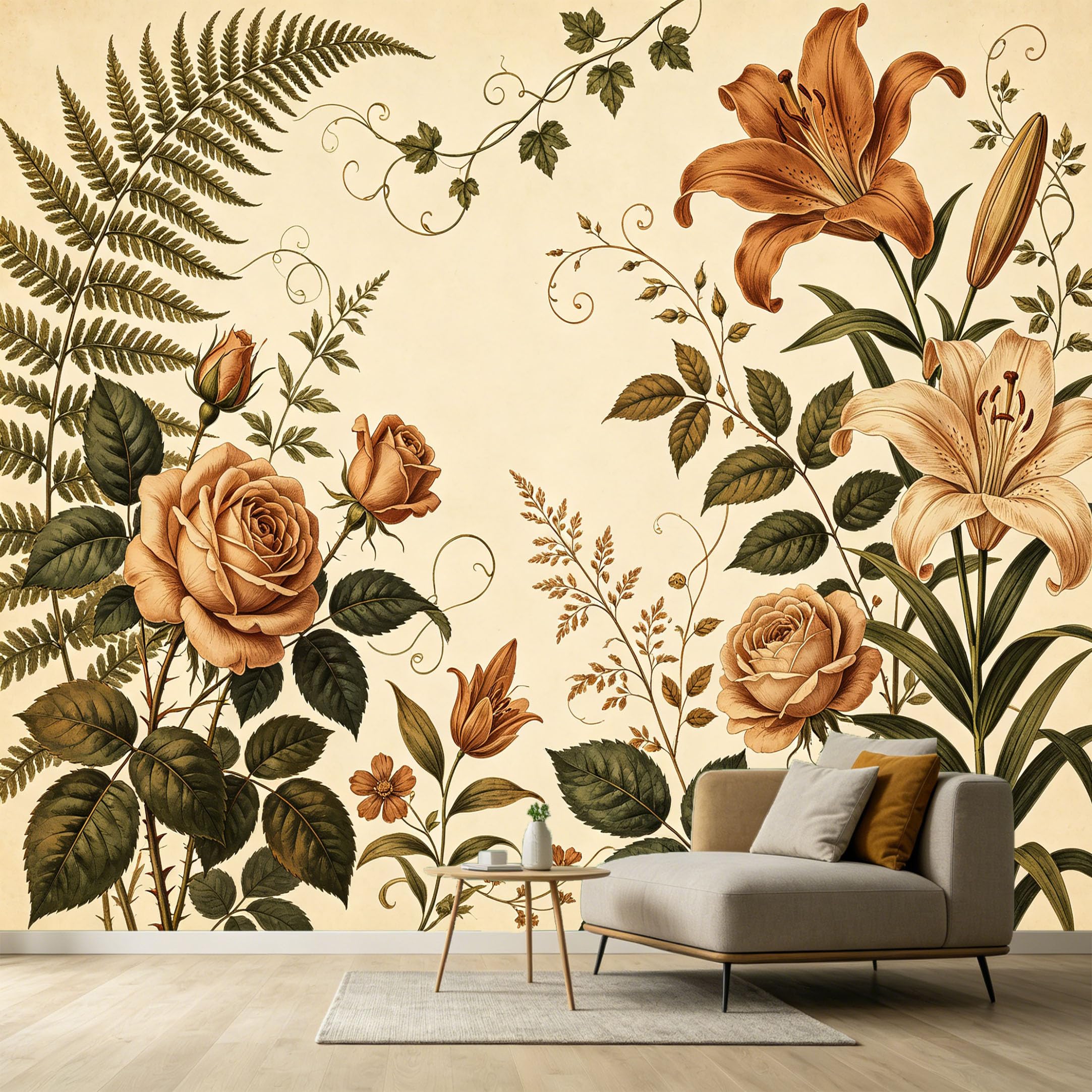 Custom Size Wall Murals Botanical Vintage Oil Painting Rose Lily Fern Leaves SelfAdhesive Wall Fabric Removable Large Wallpaper for Photo Living Room Interior Decor