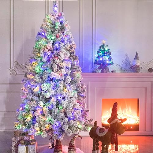 Árbol de Navidad artificial preiluminado, pino flocado de nieve, luces blancas cálidas y multicolor, 8 funciones de modo, base de metal, hogar,
