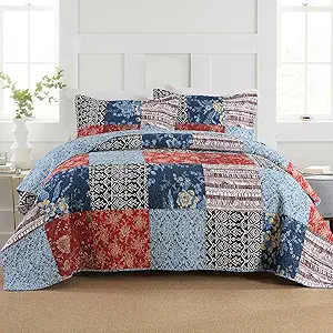 Secgo Twin Comforter Set for Bed - 100% Cotton Quilts Twin Size, Black Bedspreads (68 * 86 Inch) with 2 Pillow Shams, Patchwork Reversible Lightweight Bedding