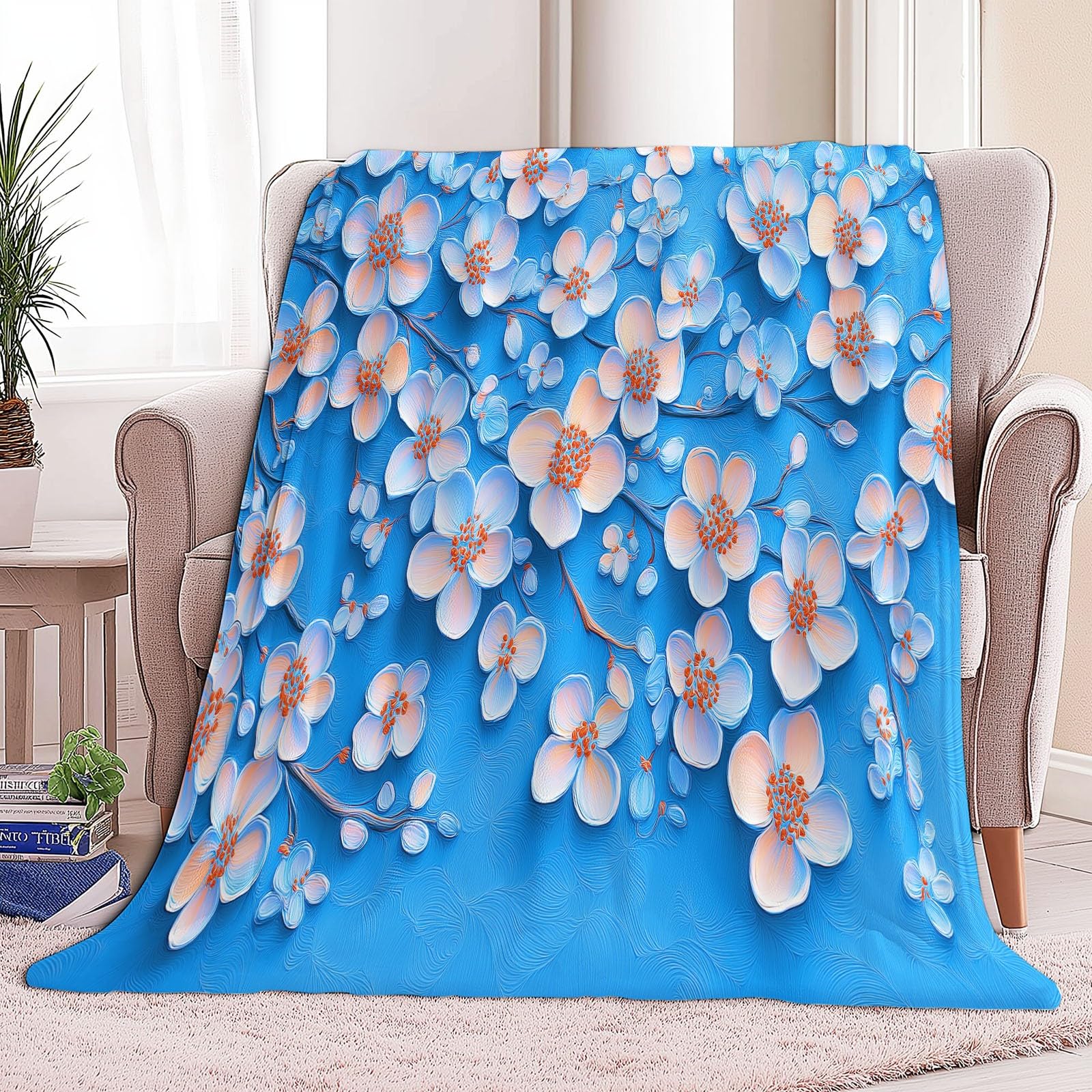 Manta de Franela Estampada Plantas 3D Flores De Albaricoque Elegantes, 220 x 240 cm Manta de Microfibra Suave Anti-Pilling para sofá Cama decoración de sofá Viajes Camping, Azul