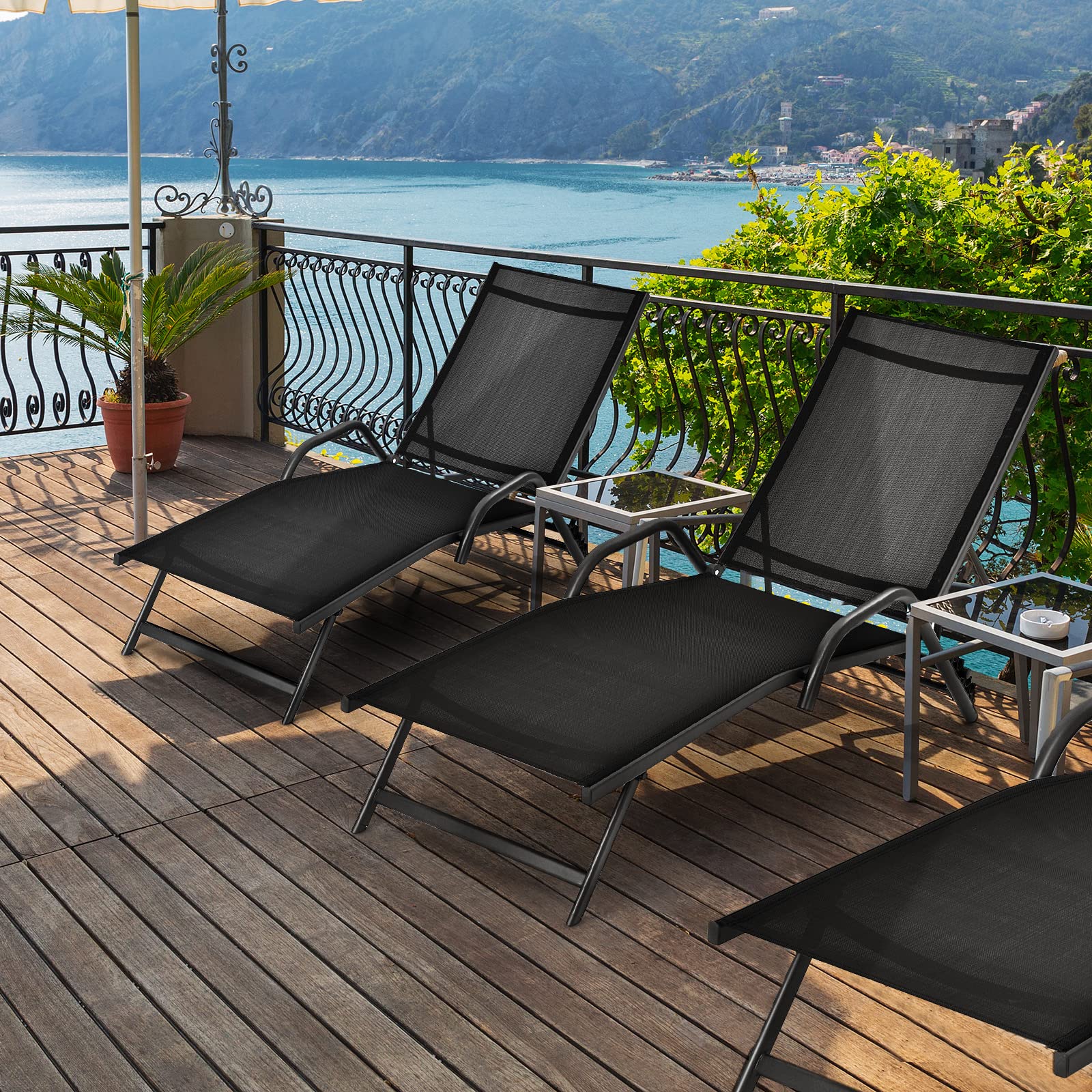 COSTWAY 2er Set Sonnenliege, Gartenliege mit 5-Fach Verstellbarer Rückenlehne, Liegestuhl bis 160 kg belastbar, Relaxliege für Garten, Balkon, Terrasse, 184,5 x 62 x 71 cm (Schwarz)