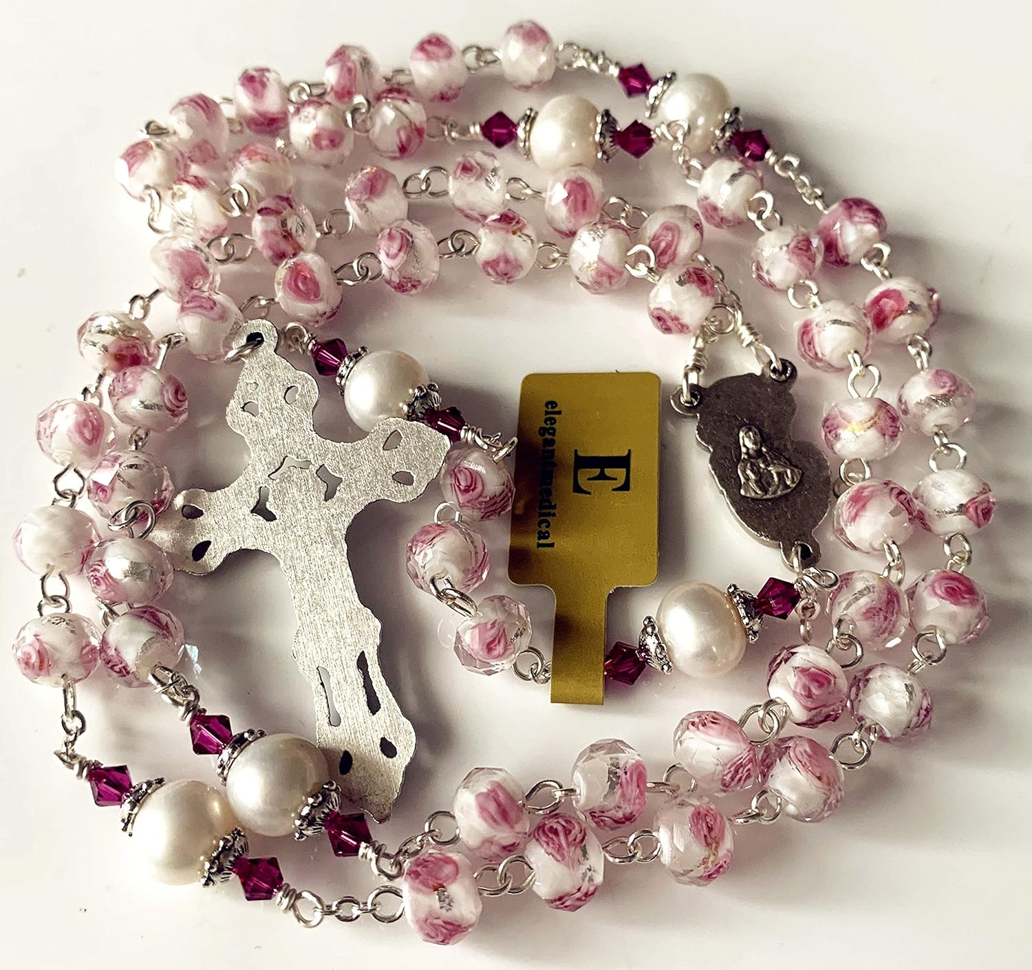 elegantmedical Handmade Veluriyam Rose Beads & Pearl Beads Rosary & Italy Cross Catholic Necklace Gift Box - Image 4