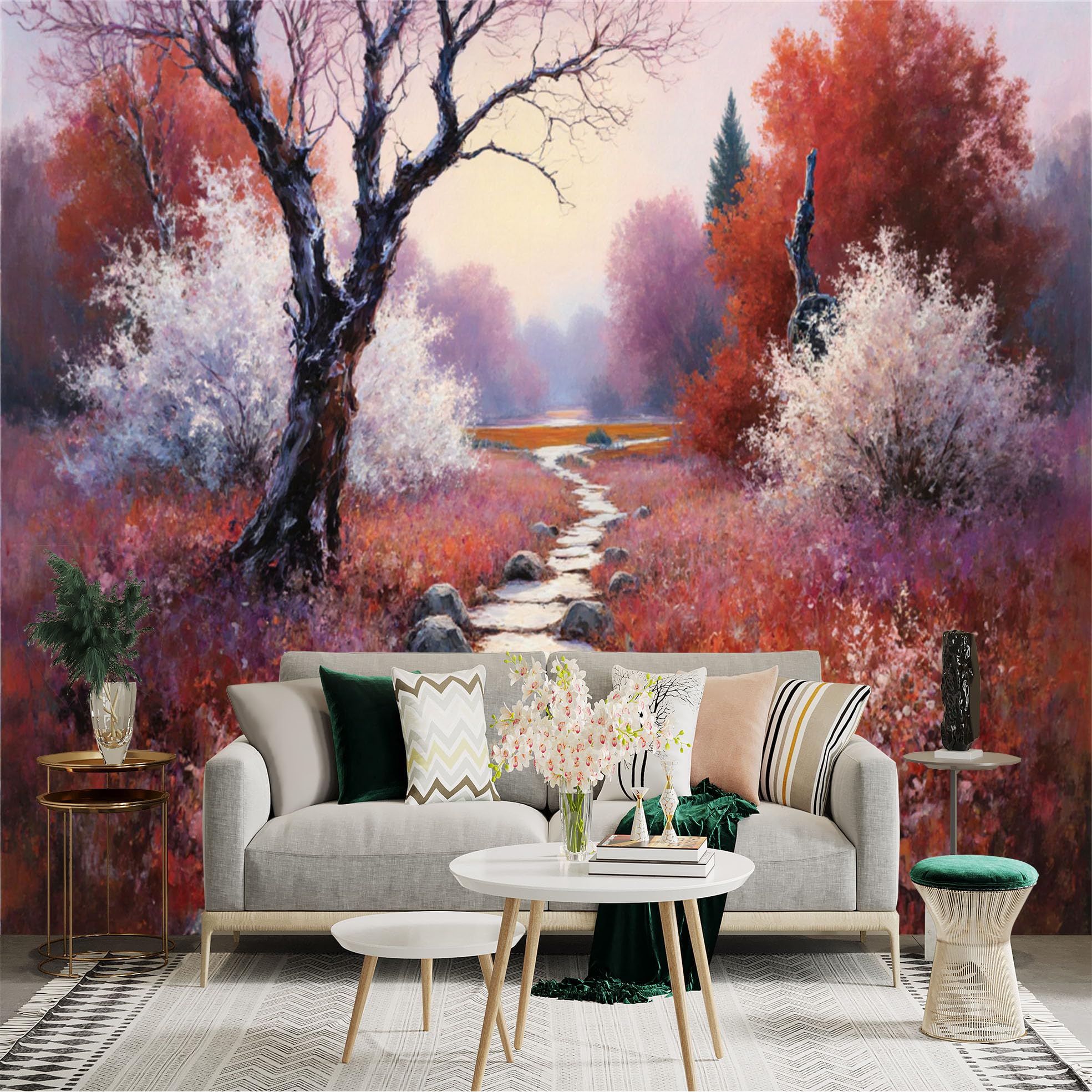 Lnzczhyre Xc260505450 Custom Size Wall Sticker Mural， Autumn Landscape With Stone Path， Colorful Trees And Meadow， For Wall Decoration， Peelandstick Wall Decals.