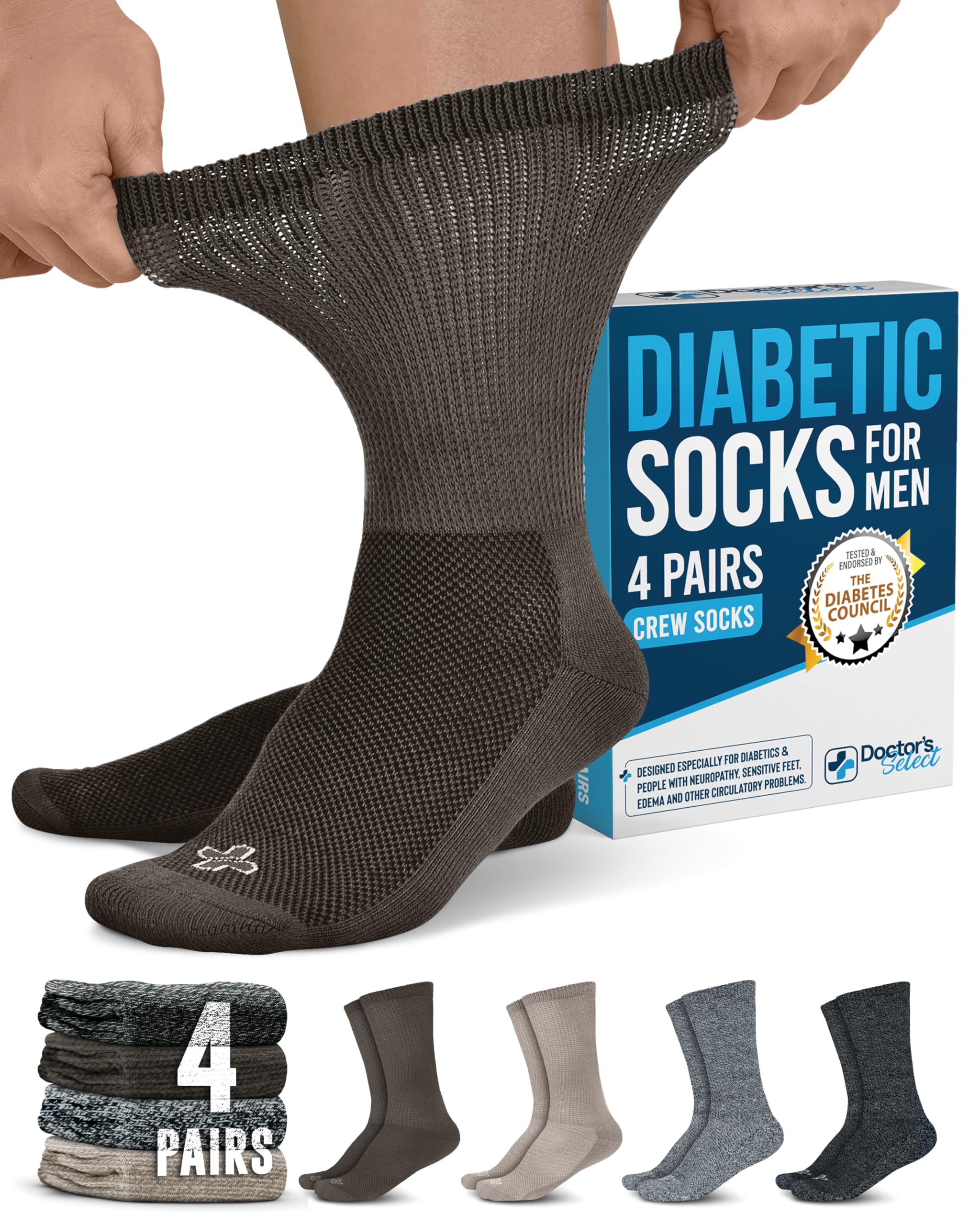 Doctor's Select Diabetic Socks for Men - 4 Pairs Crew Diabetic Neuropathy Socks for Men | Diabetic Socks for Men 9-12