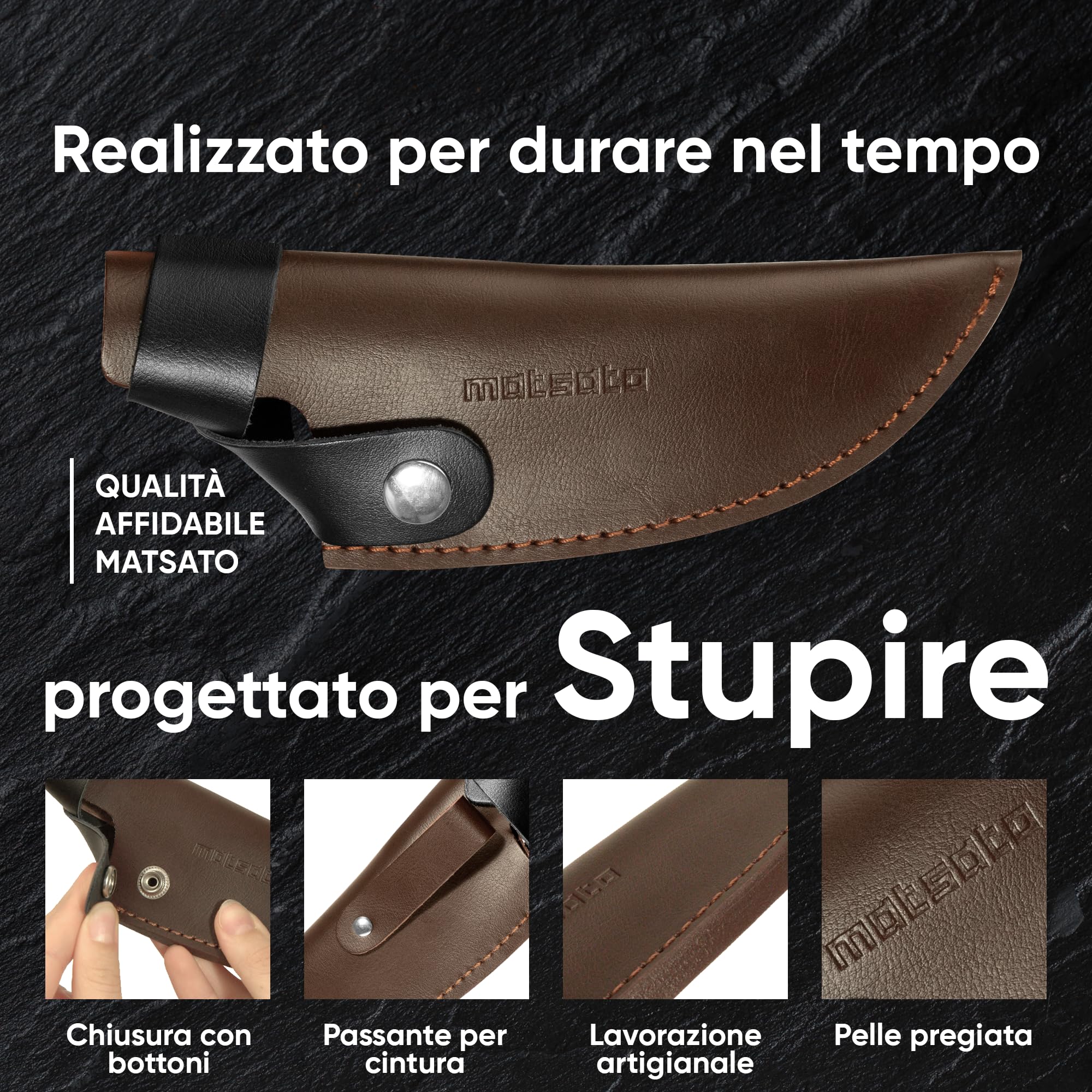 Matsato Coltello da Cucina in Acciaio Giapponese con Fodero di Pelle 15 cm