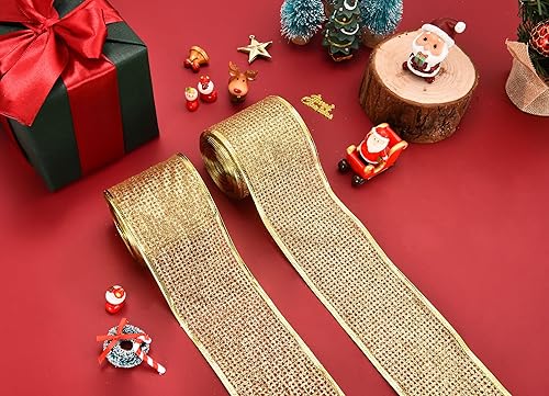 Miniatura 3 de Cinta metálica de Navidad con purpurina para envolver regalos, corona de árbol de Navidad, manualidades, malla dorada con borde con alambre,