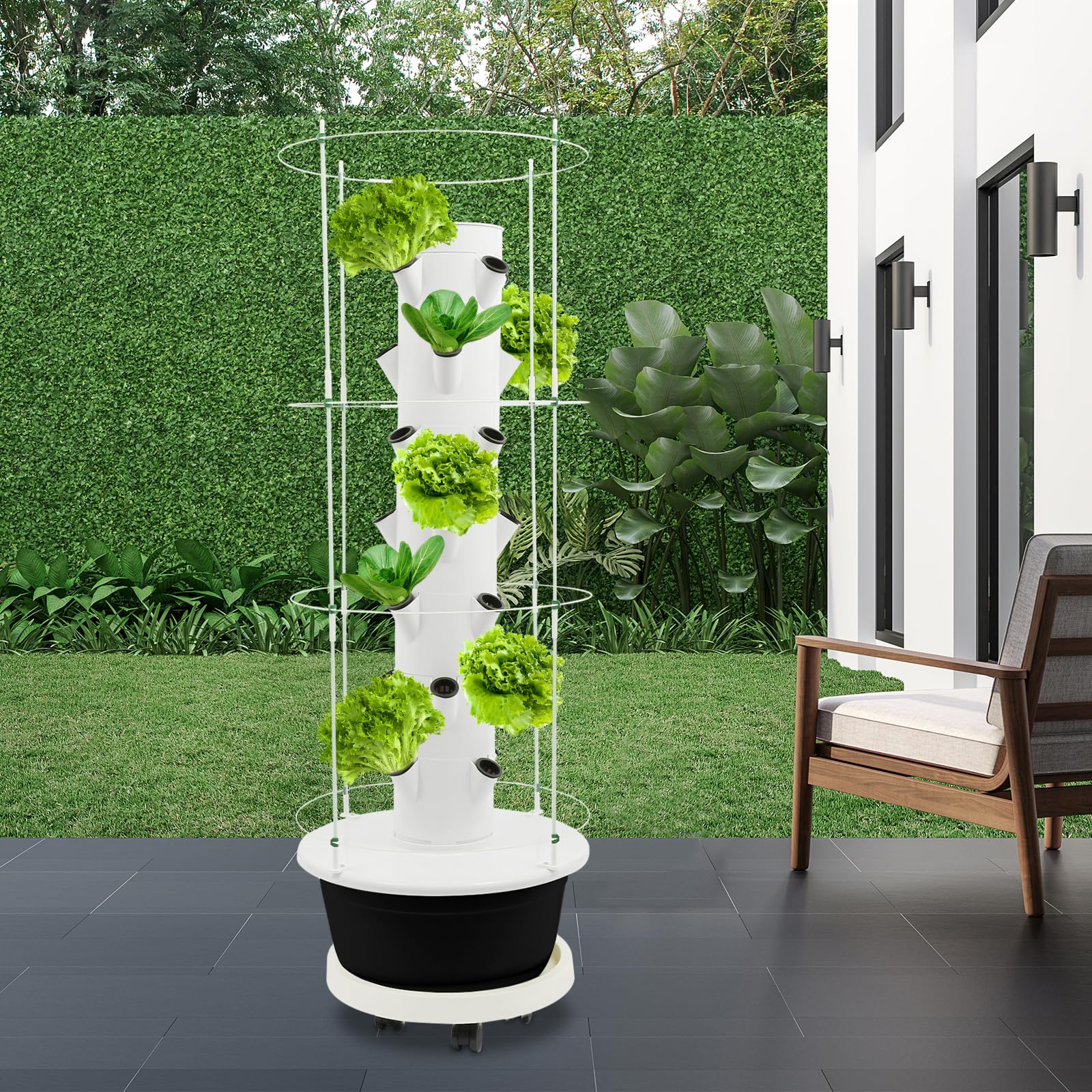 Hydroponic Tower Garden 28 otworów, 7 poziomów, zestaw do uprawy roślin ogrodowych z ramą podporową do wspinaczki, pompą zanurzeniową i programatorem czasowym, do kwiatów, warzyw (czarny