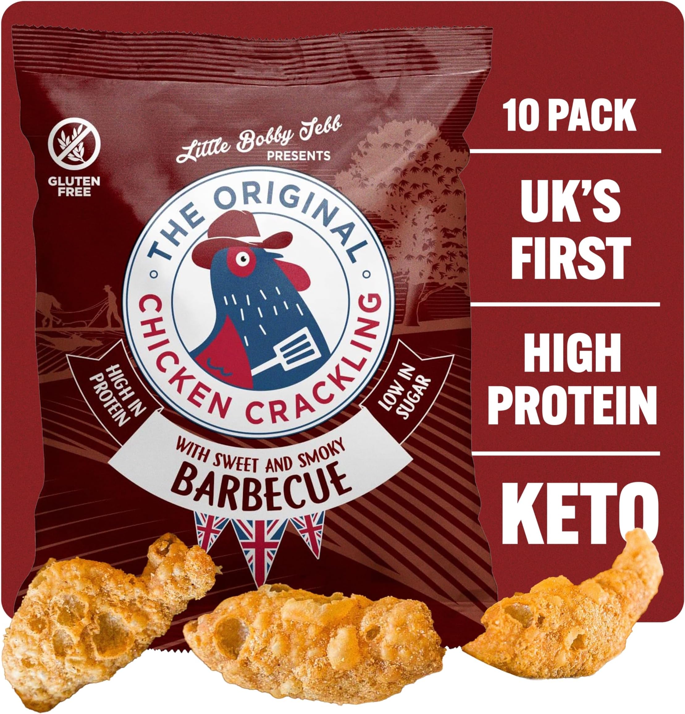 Chicken Crackling Hand Cooked Snack. NEW Double Cooked, BBQ Flavour. Low Carb, High Protein, Keto, Gluten Free Alternative to Pork Scratchings. 10x 40g Bags