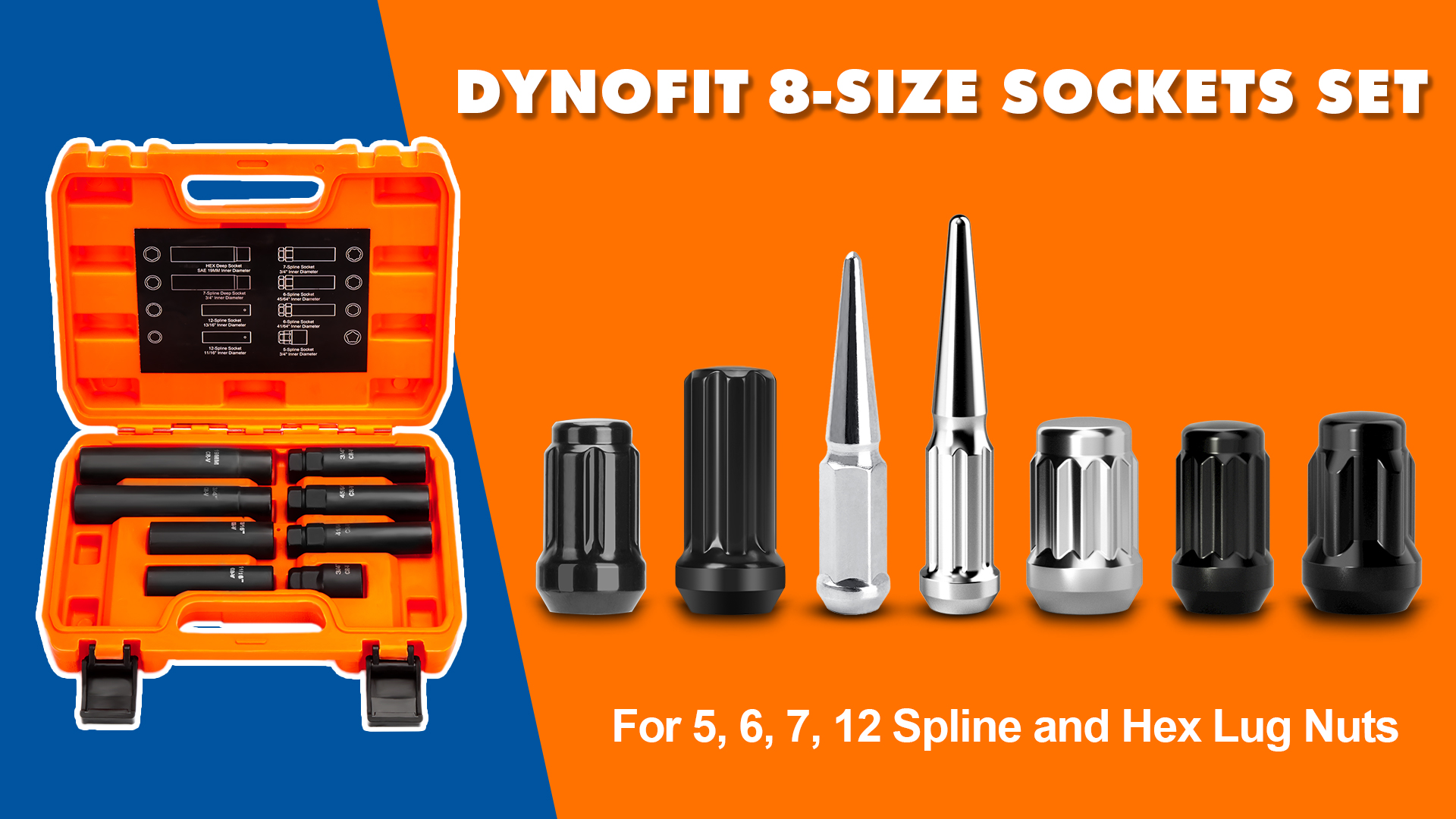 Image of Dynofit 8-Piece Lug Nuts Key Kit, 5 /6 /7 /12 Spline Lug Nuts Socket Set for Aftermarket Rims and Wheel Lock, with 1 /2 inch Drive & Hex External Ends for Removal, Cr-V Steel