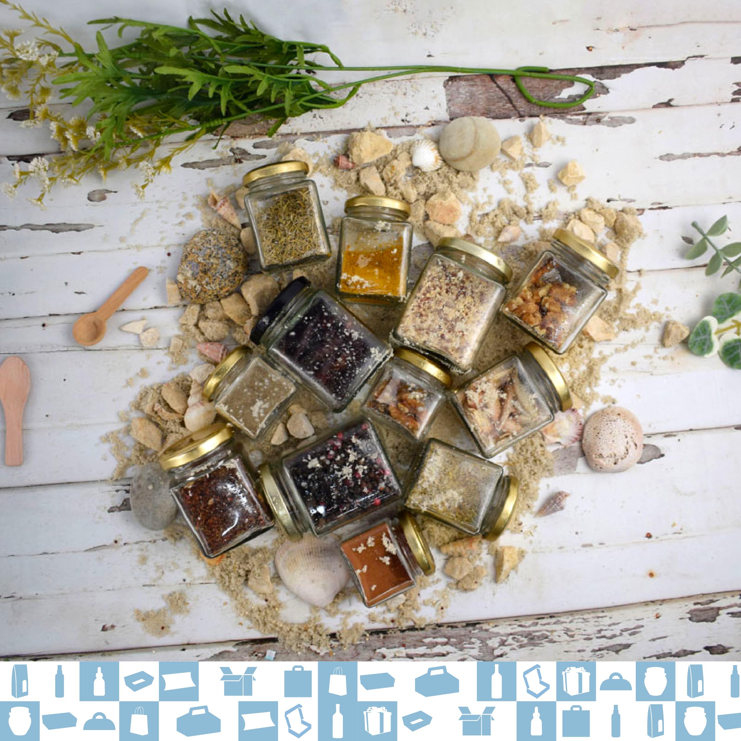 Espirito Rebelde 20x Pot en Verre Carré pour Épices 212ml avec Couvercle + 20 Étiquettes Kraft + Tissu et Ficelle de Jute - Bocaux Rangement Cuisine - Épices, Confiture, Yaourt