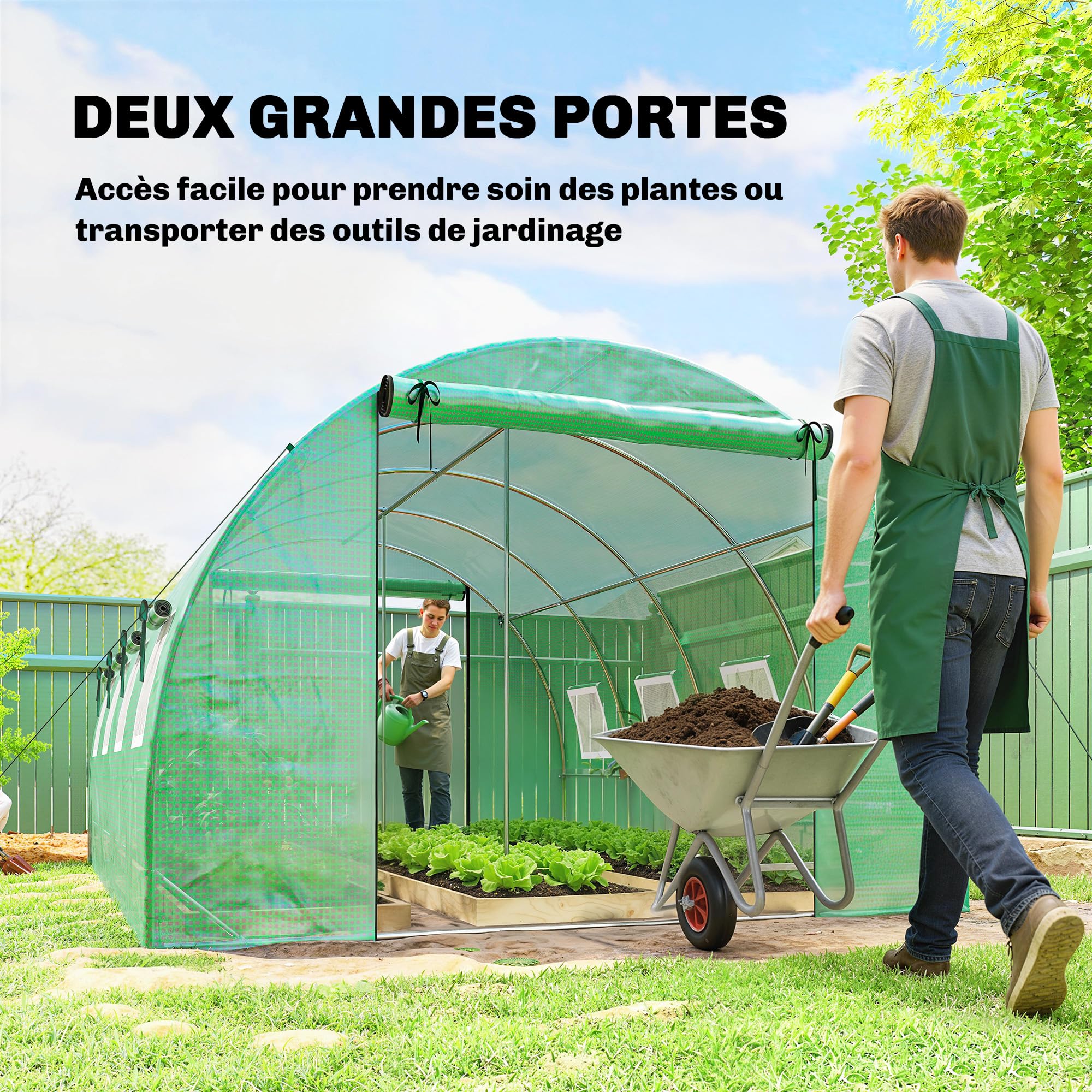Outsunny Serre Tunnel de Jardin 12m², Serre de Jardin Tunnel 295x400x200cm avec Cadre en Acier galvanisé, 2 Portes et 8 fenêtres avec moustiquaires pour extérieur bâche PE Haute densité 140 g/m² Vert