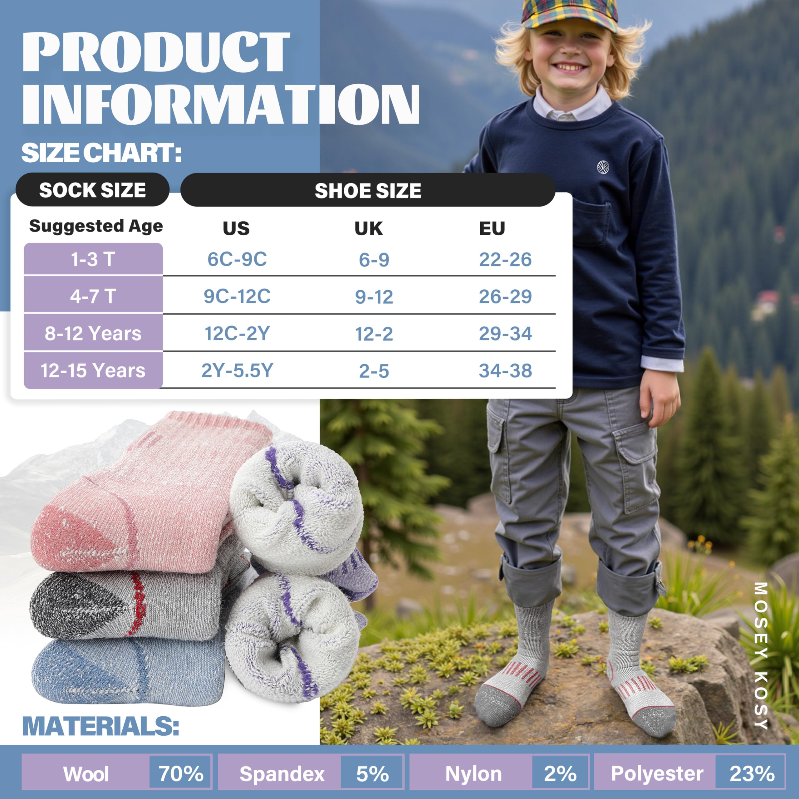 MOSEY KOSY 4 Paar Kinder Merino Wolle Wander Socken Jungen Mädchen Kleinkinder Thermo Winter Warme Stiefel Dicke Polster Snowboard Socken