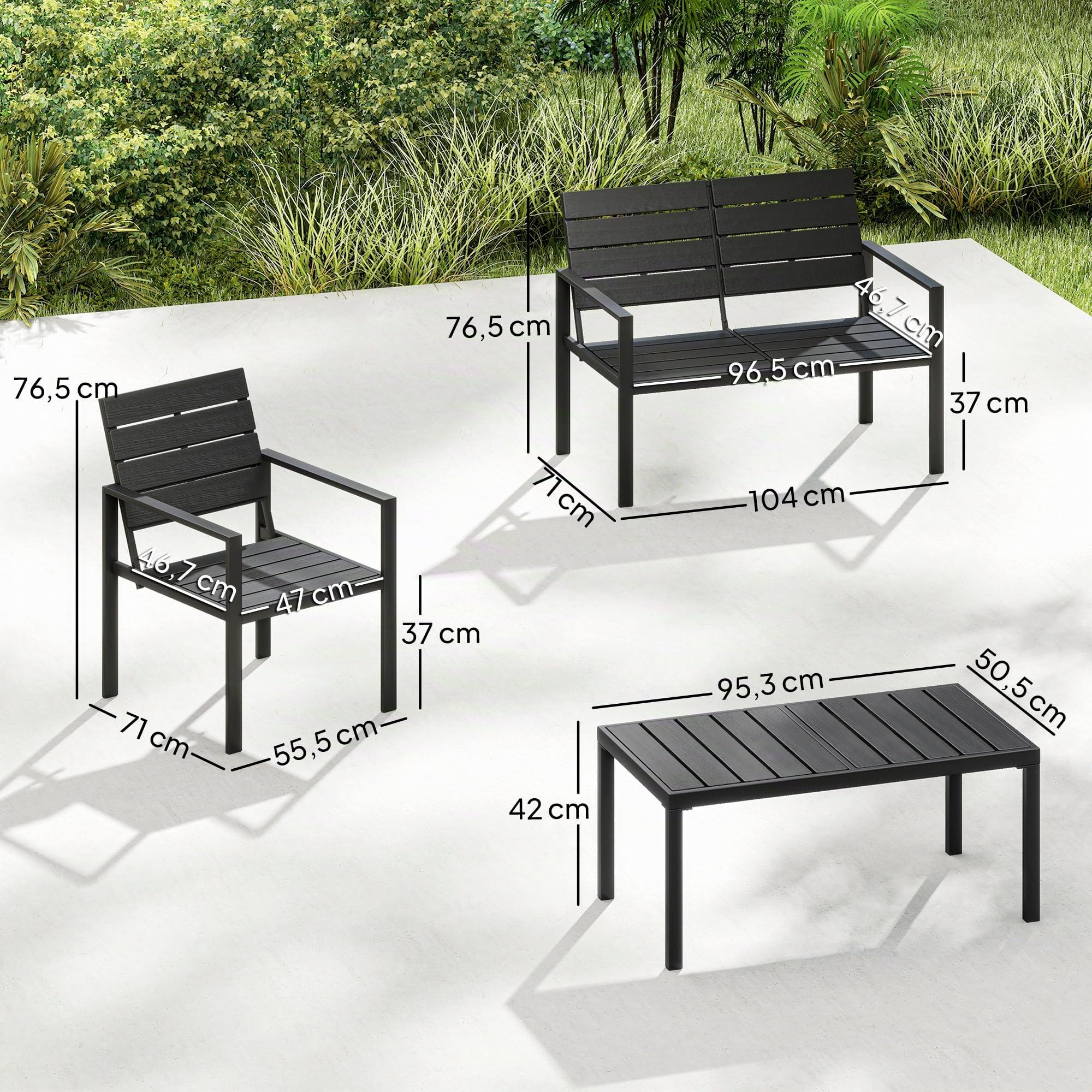 Outsunny Conjunto de Muebles de Jardín para 4 Personas, 4 Piezas, Negro | Sofá de Jardín, Sofá de 2 Plazas, 2 Sillones, Mesa de Centro, Estructura Metálica