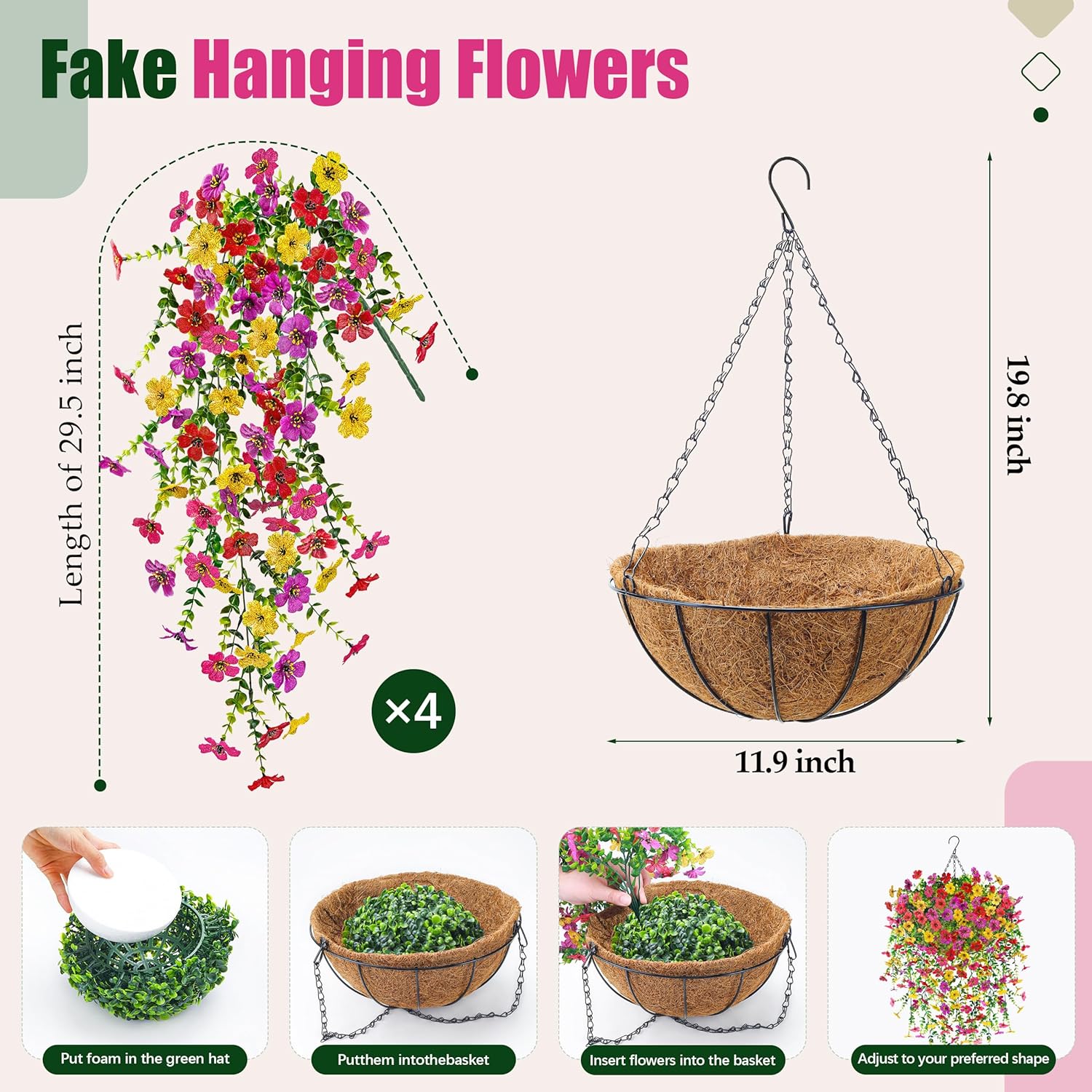 Der Rose Artificial Hanging Flower Basket for Outdoors Fake Hanging Flowers Plants with 4 Faux Silk Trailing Vines for Porch Patio Balcony Spring Decor