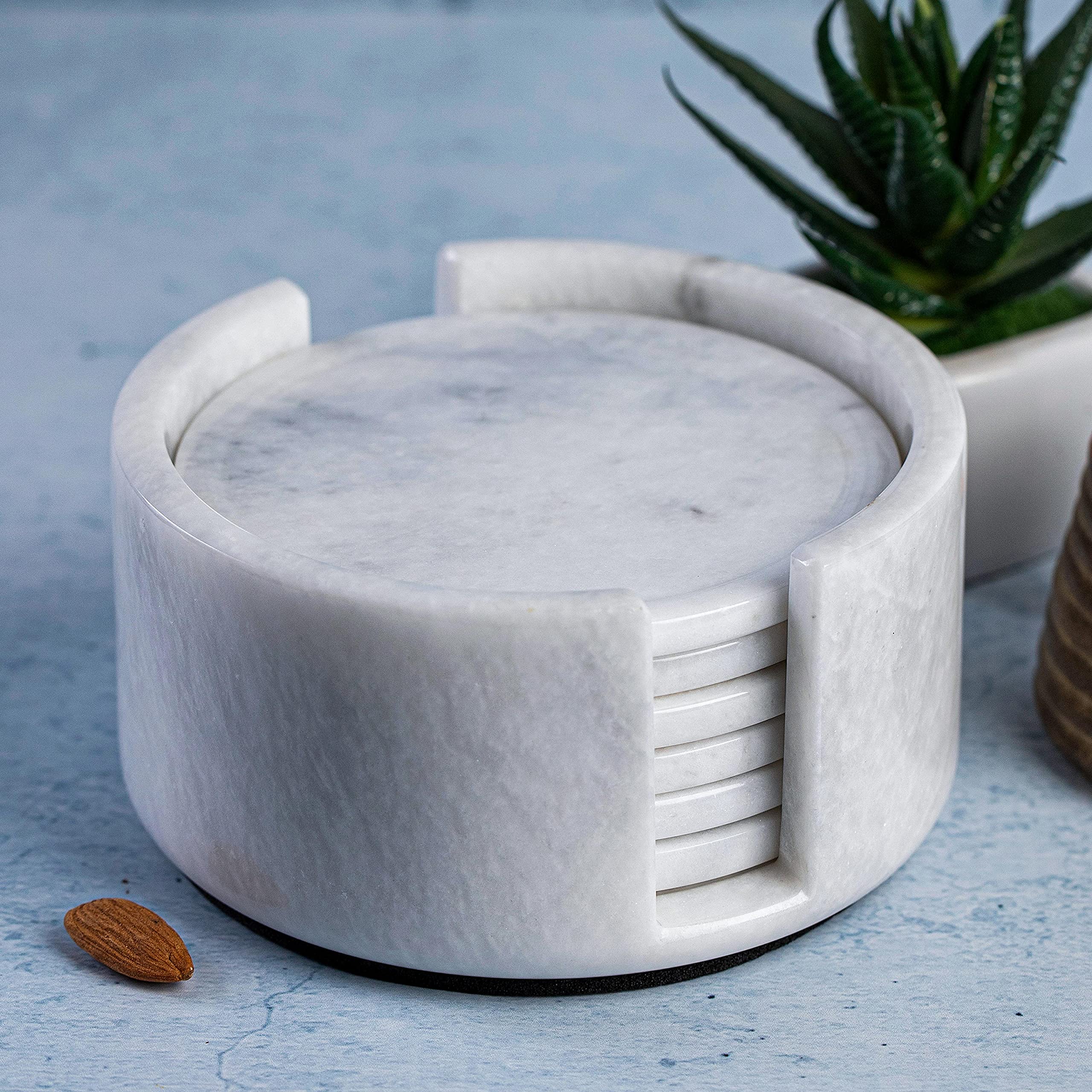 Marblous Kraft 4.5-inch Marble White Complete Coaster Set | Home décor and Kitchen décor Accessories. Drink Coasters and Table Pads for Office décor (White)