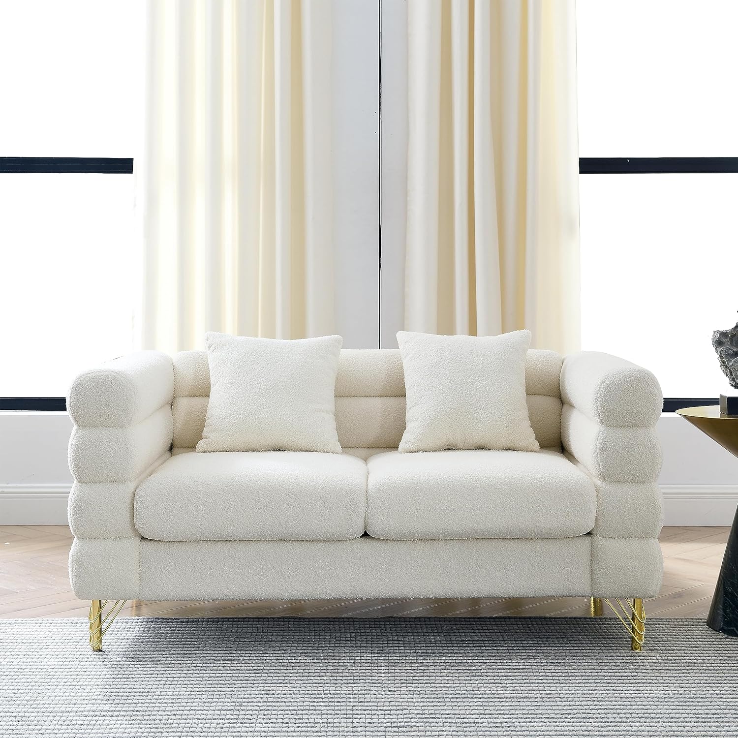 (INCOMPLETE BOX 1 OF 2) 60\" Sectional Sofa with 2 Pillows,2-Seat Oversized Teddy Fabric Couch W/Polished Metal Legs and Streamline Design,for Living Room,Bedroom,Apartment,Iovry 60\" Iovry