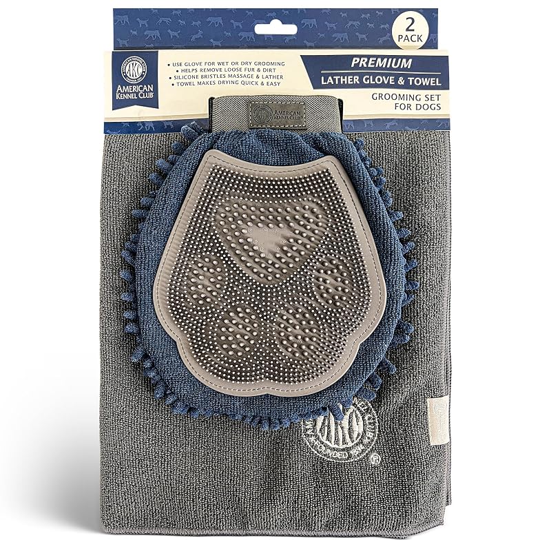 Luva de tosa 2 em 1 para cães com toalha de secagem rápida e cerdas de silicone American Kennel Club – Conjunto com luva e toalha