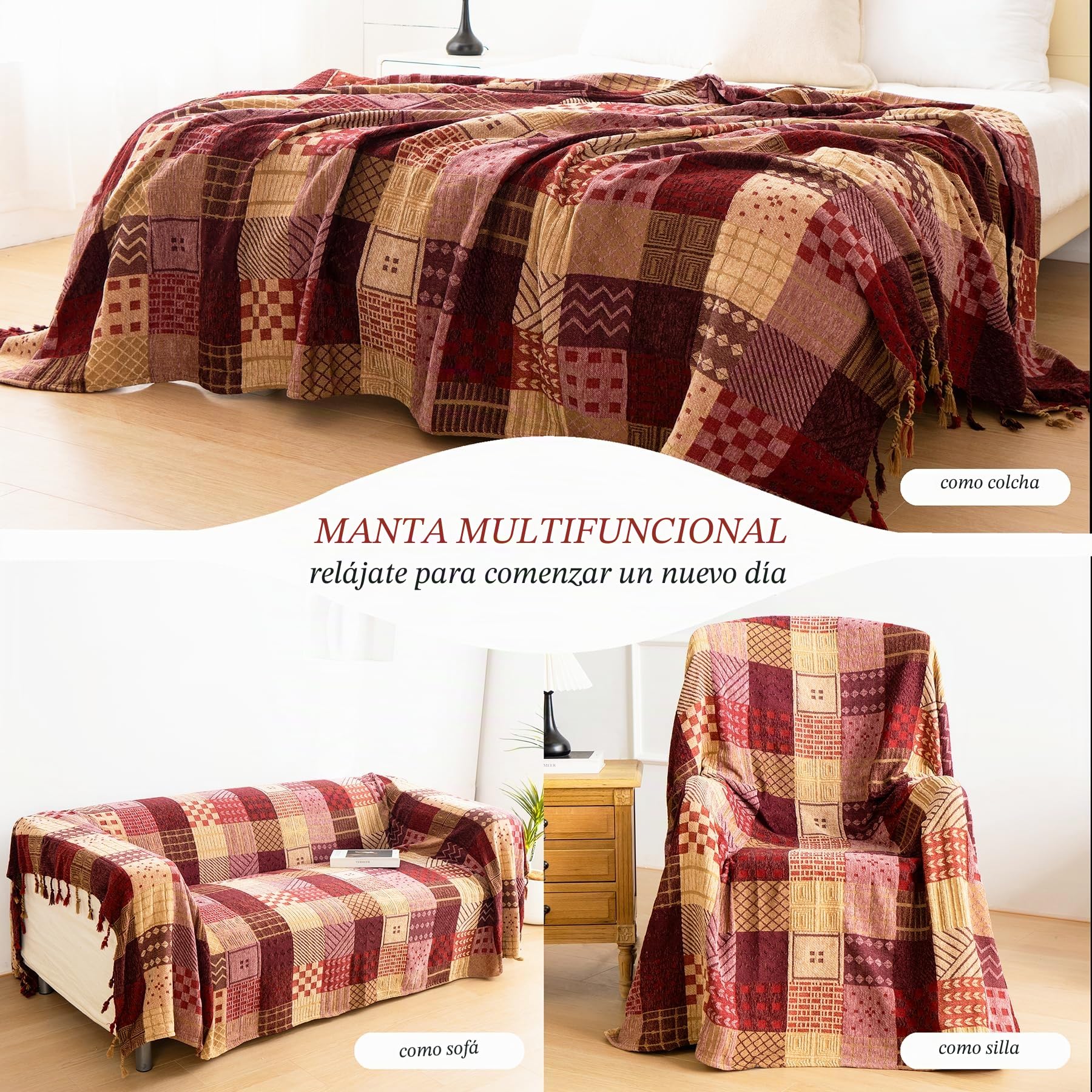 VANJOROY Manta grande de patchwork de estilo bohemio con borlas para sofá de 2 y 3 plazas, 100 % chenilla, suave, multifuncional, para sofá, colcha, alfombra y cama (150 x 190 cm)