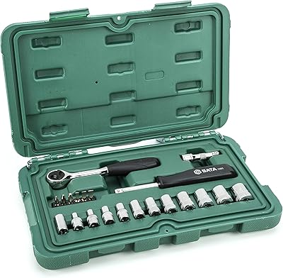 SATA 21-Piece 1/4 Inch Drive 6-Point Socket Set with 60 Tooth Round Head Ratchet, Metric - ST09521-02