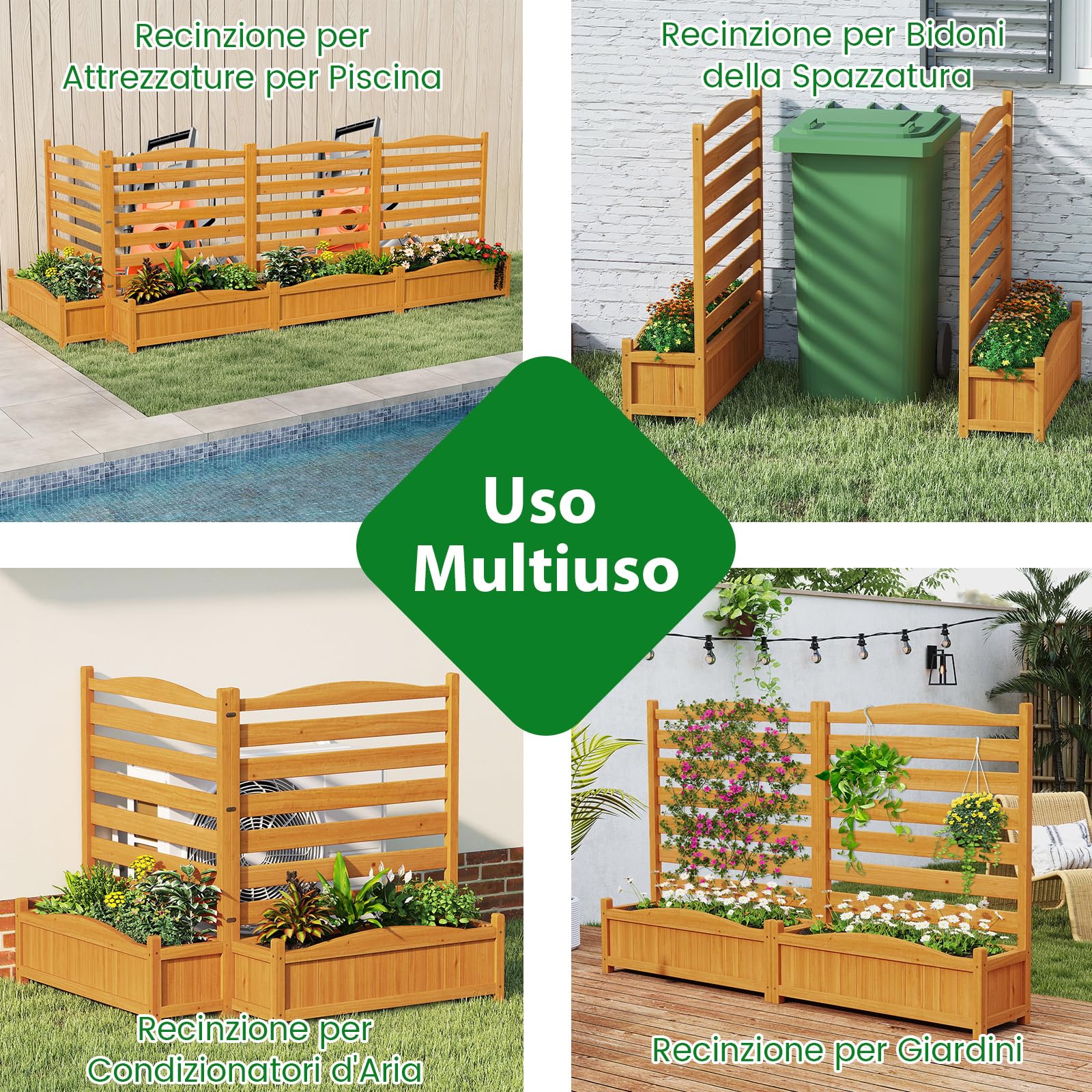 COSTWAY Fioriera Rialzata da Giardino con Traliccio, Letto da Giardino Rialzato in Legno con 2/3 Grigliati per Piante Rampicanti, Fori di Drenaggio e Base Rimovibile (2 Pannelli)