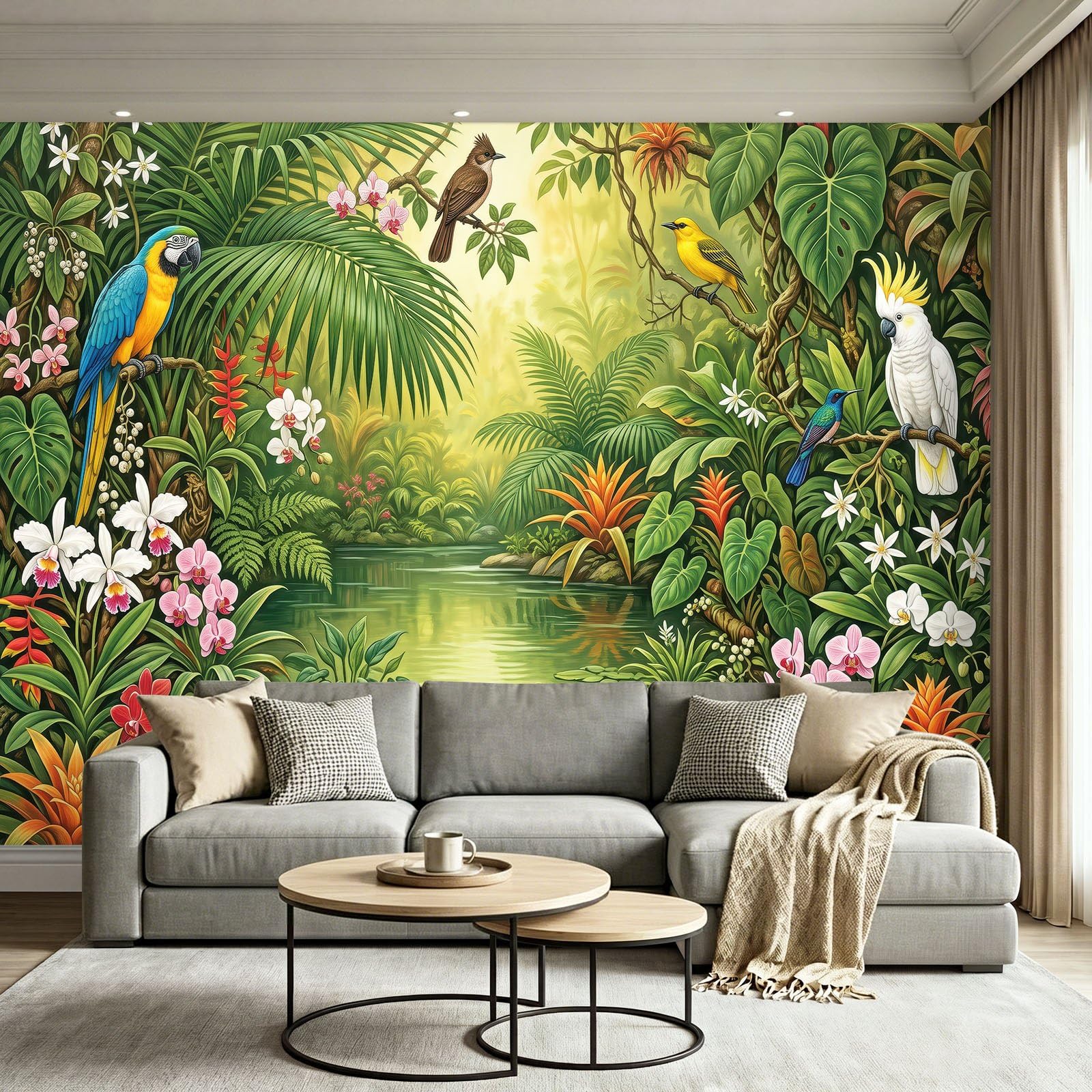 Papel pintado panorámico tropical selva pájaros, hojas de palmera, orquídeas, 350 x 256 cm