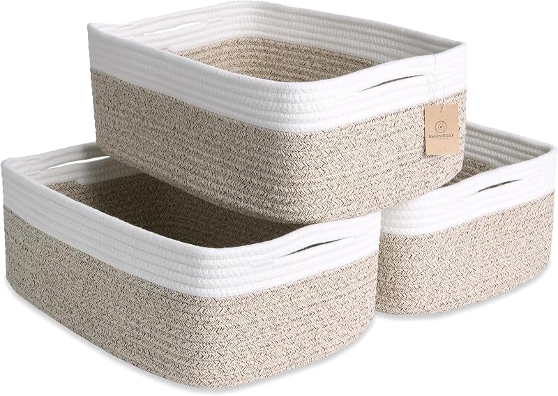 Woven Rope Baskets for Organizing, 3 Pack, 15.5 x 11 x 5.5" Storage Bins | Storage baskets and organizer bins for shelves, pantry, closet storage, toy organizer, bathroom storage, nursery, towels