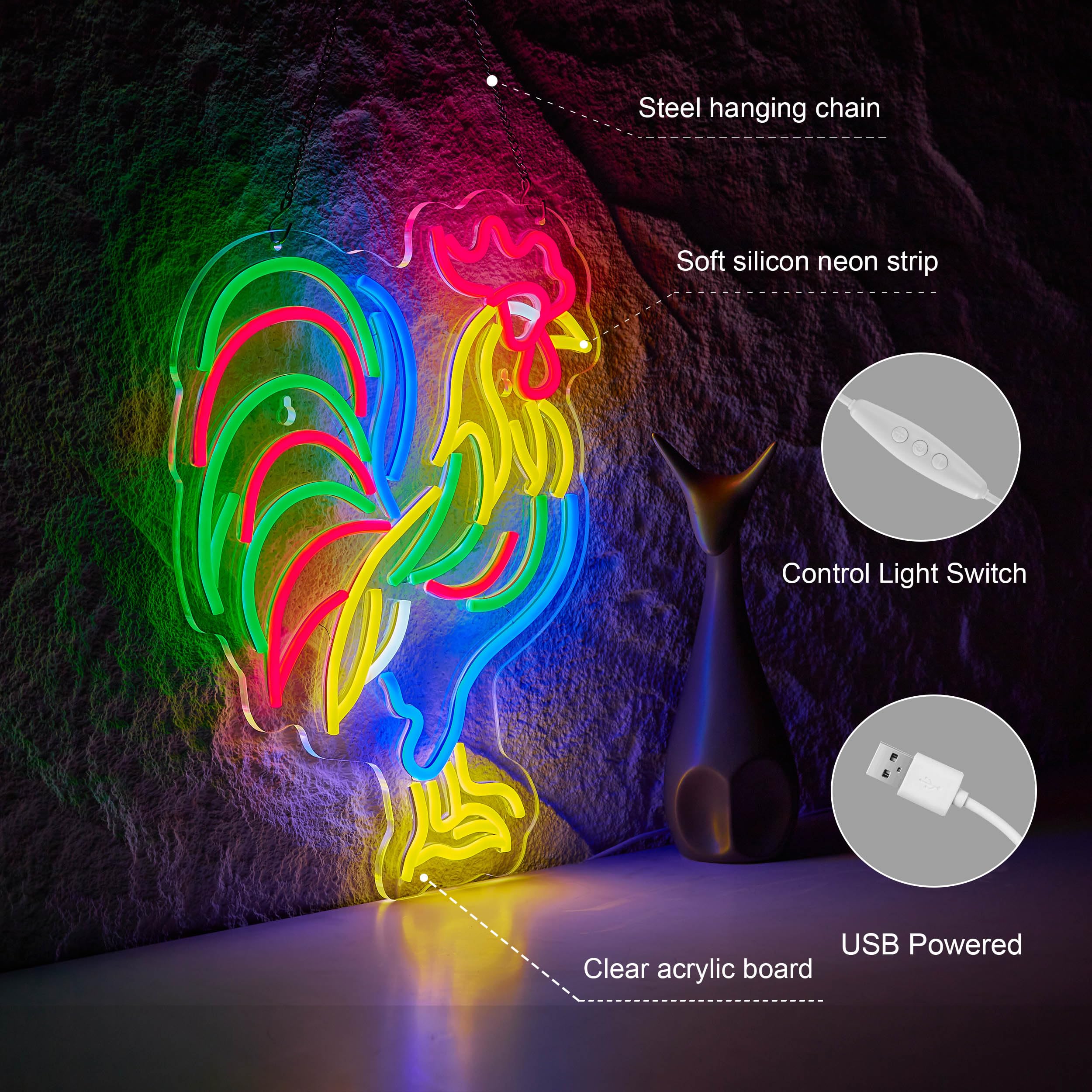 Roouneon Letrero de neón de gallo para decoración de pared, letreros LED de pollo con interruptor regulable, luz de decoración artística para hombre, cueva, cerveza, bar, sala de juegos