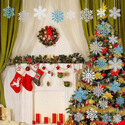 Miniatura 3 de 108 adornos de plástico con purpurina para árbol de Navidad, decoraciones de copo de nieve colgantes, adornos colgantes de Navidad con cuerda