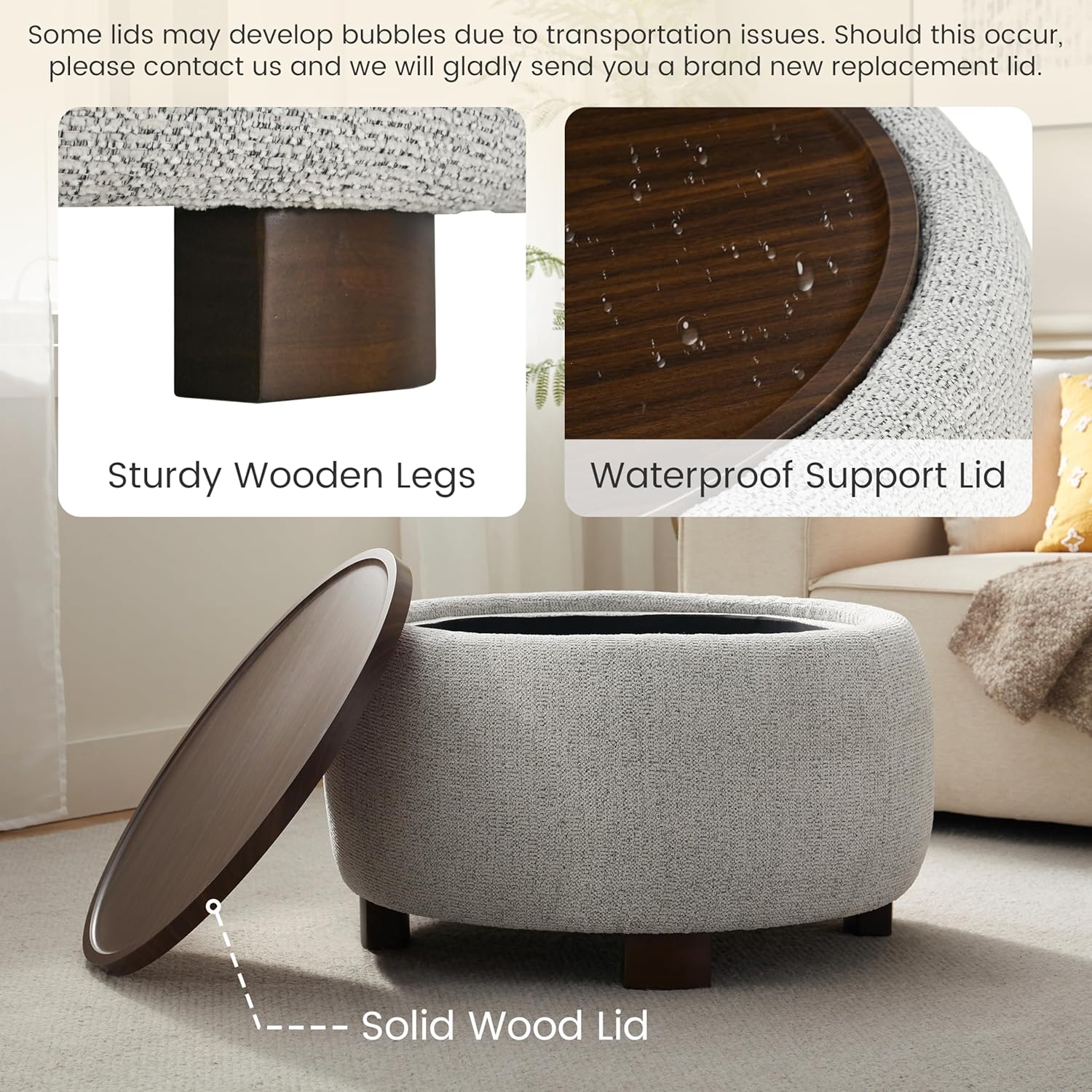VKNOW Round Ottoman with Storage, 30" Upholstered Ottoman Table with Removable Wood Top and Solid Wood Legs for Living Room, Bedroom, Apartments, Beige
