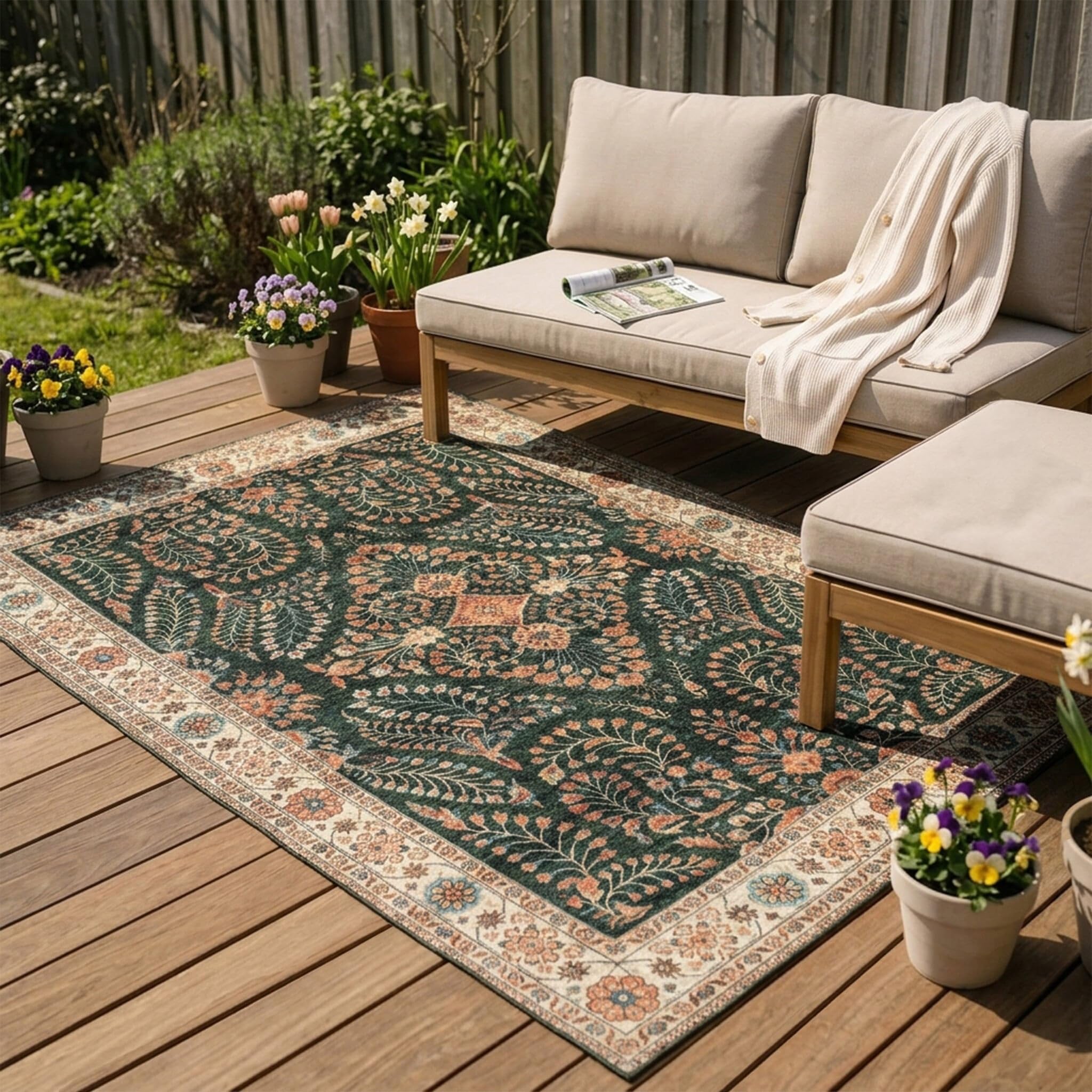 FRAAI | Home & Living Tapis d'extérieur Vintage - Santo Flora Vert Foncé - 80x150 cm - Tapis Exterieur Resistant Pluie - Rectangulaire - Terrasse, Jardin, Balcon