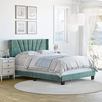 Boyd Sleep Valencia Winged Tifted Upholstered Platform Bed with Headboard, Strong Wood 4-Slat Supports, Requires Box Spring Aqua Velour, King Size