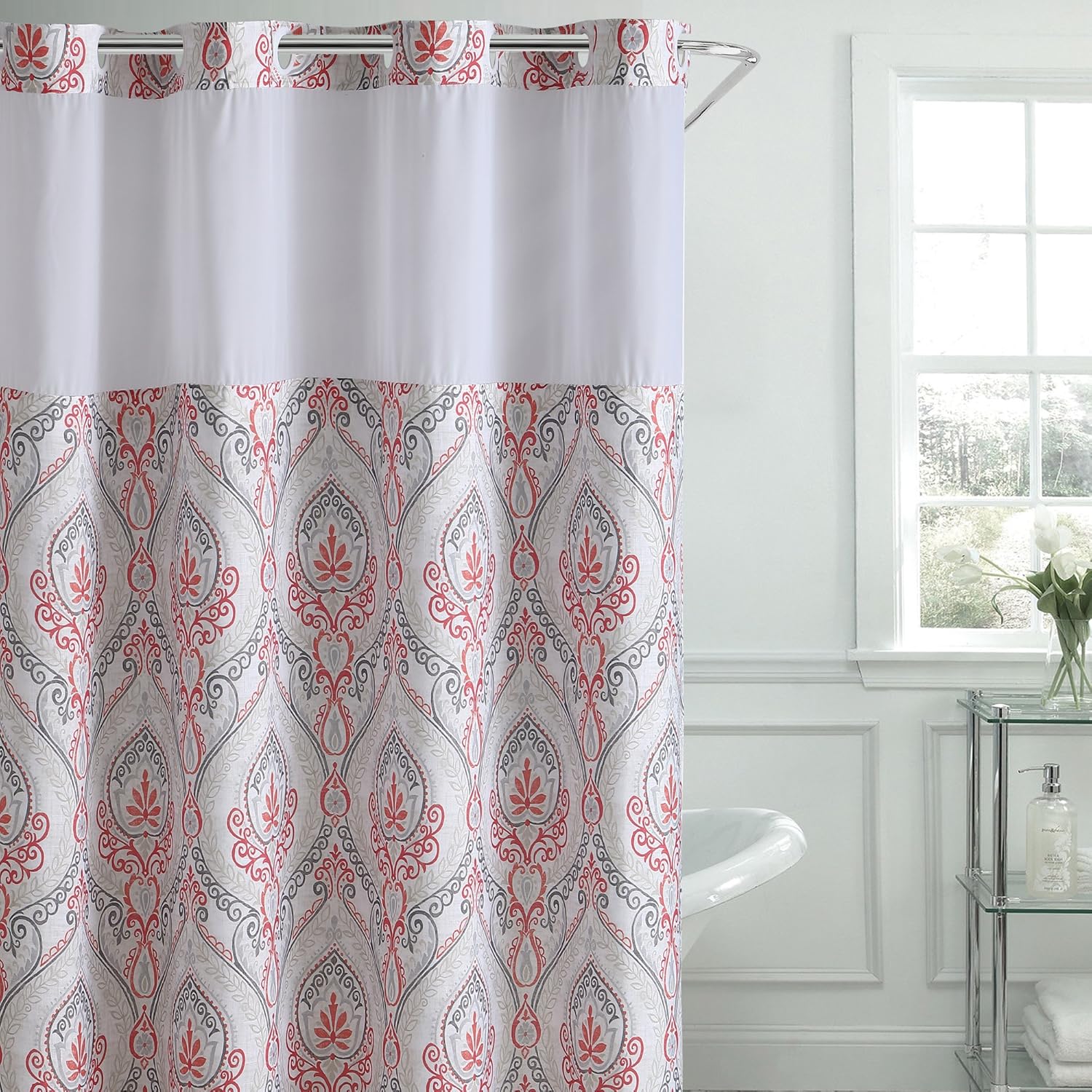 Hookless French Damask Print Shower Curtain with Peva Liner
