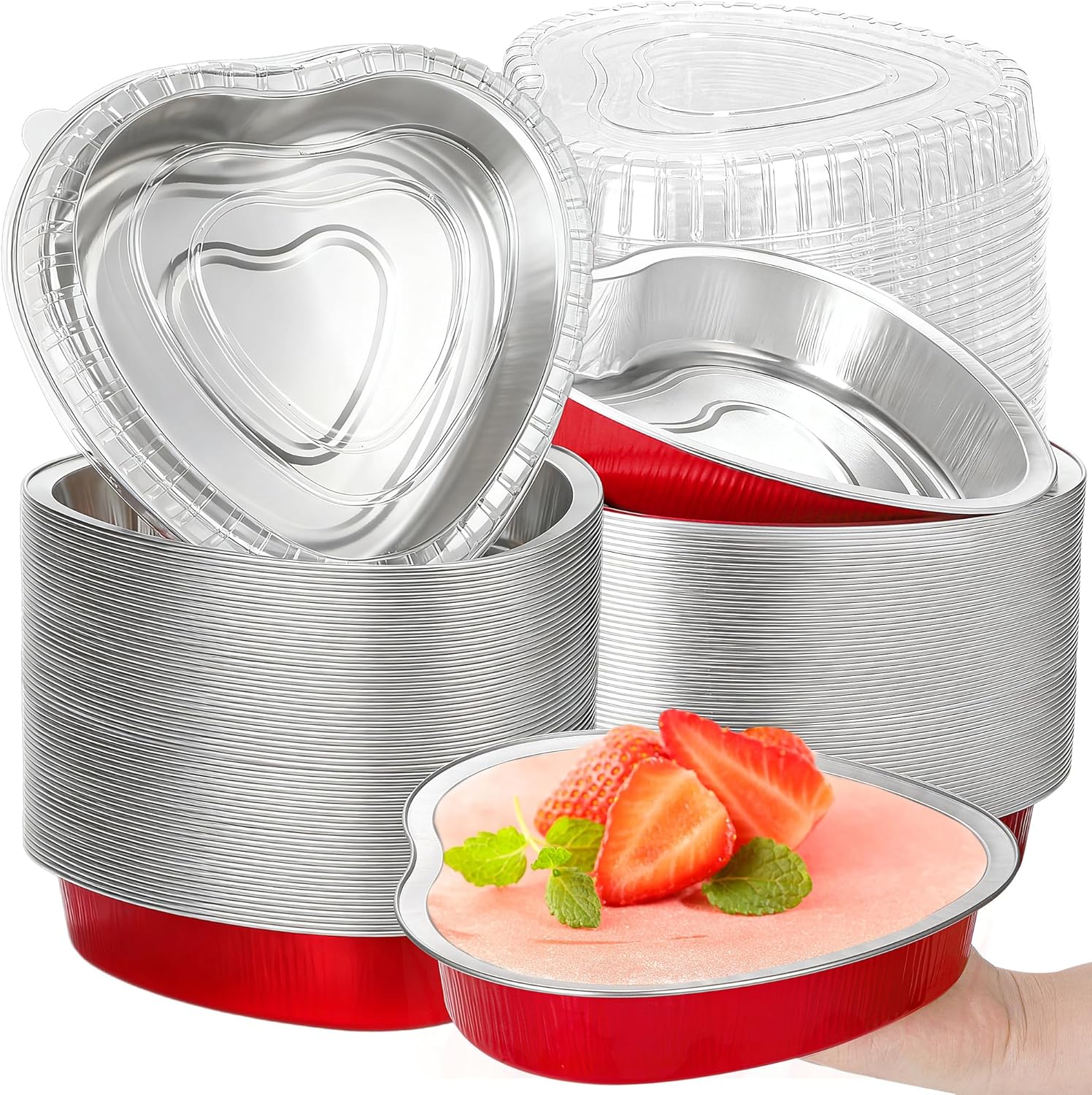 Fovths 64 Pack Large Heart Shaped Cake Pans with Lids 35.8 oz Disposable Aluminum Foil Heart Cupcake Baking Pans Oven Safe Dessert Flan Baking Cups for Valentine Weddings Parties Birthdays