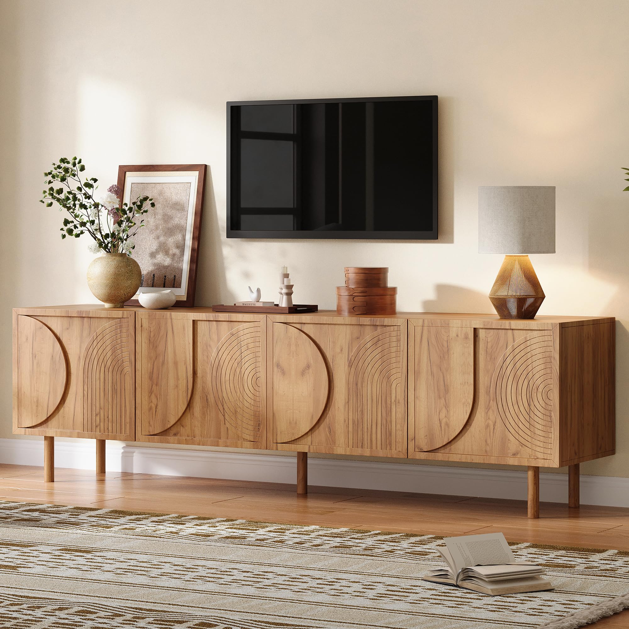 Mobile TV da 180 cm, mobile TV per TV da 75 pollici, mobile basso con 4 ante, 2 scomparti, moderno mobile TV con ampio spazio per soggiorno, design 3D in rilievo, colore legno, naturale
