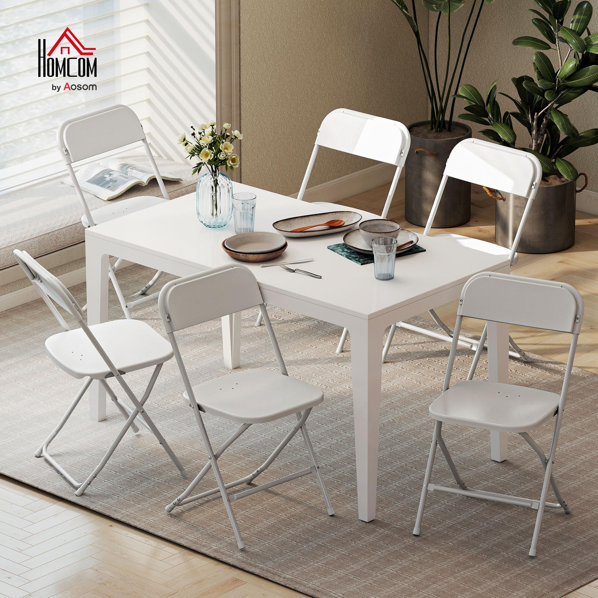 HOMCOM Chaises pliantes, lot de 6, en plastique Chaise de cuisine pliante avec trous d'évacuation, structure en acier Chaises pliantes Chaise pliante jusqu'à 120 kg, pour l'intérieur, blanc