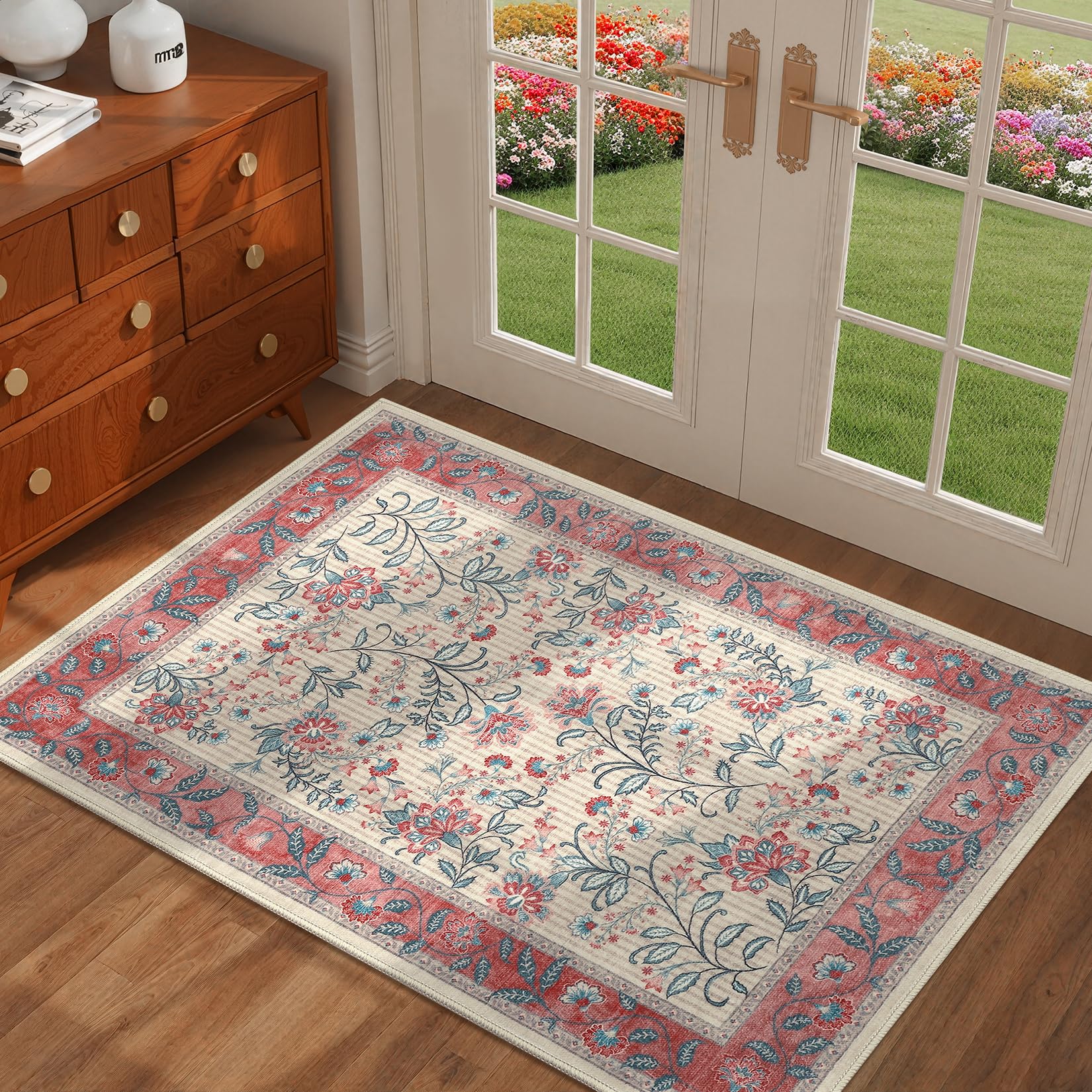 GarveeHome Small Pink Entryway Rug 2x3 Christmas Washable Front Door Rug Indoor Entrance French Floral Carpet Non-Slip Beige