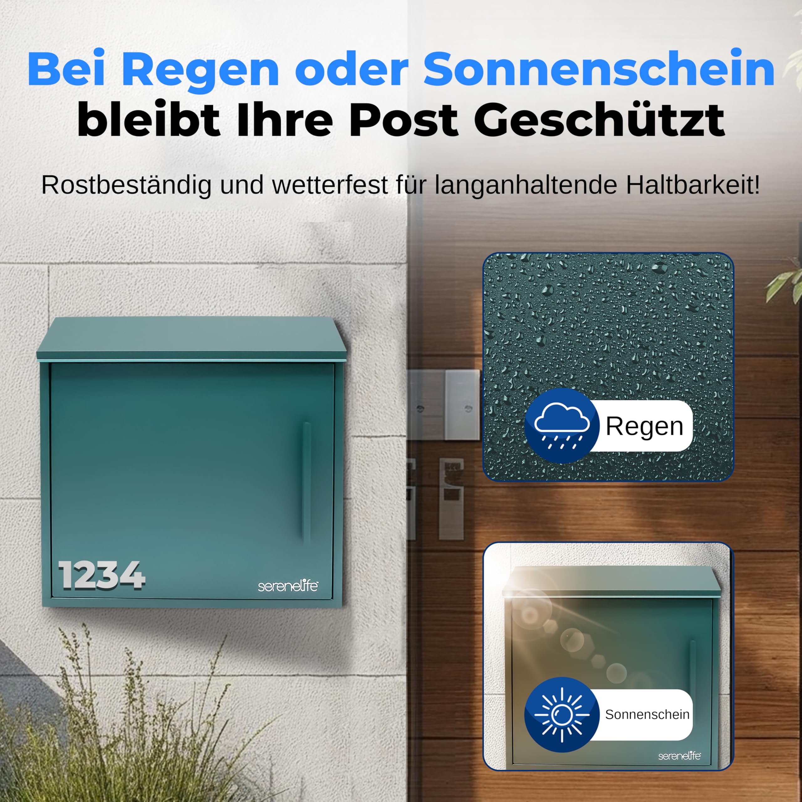 SereneLife Briefkasten, Postkasten- 21x33x35cm, Briefkasten ohne Zeitungsfach- Wetterfest & Rostbeständig inkl. Wandbriefkasten Inkl. Montagematerial & Hausnummern zum Aufkleben, 2 Schlüssel, Grün